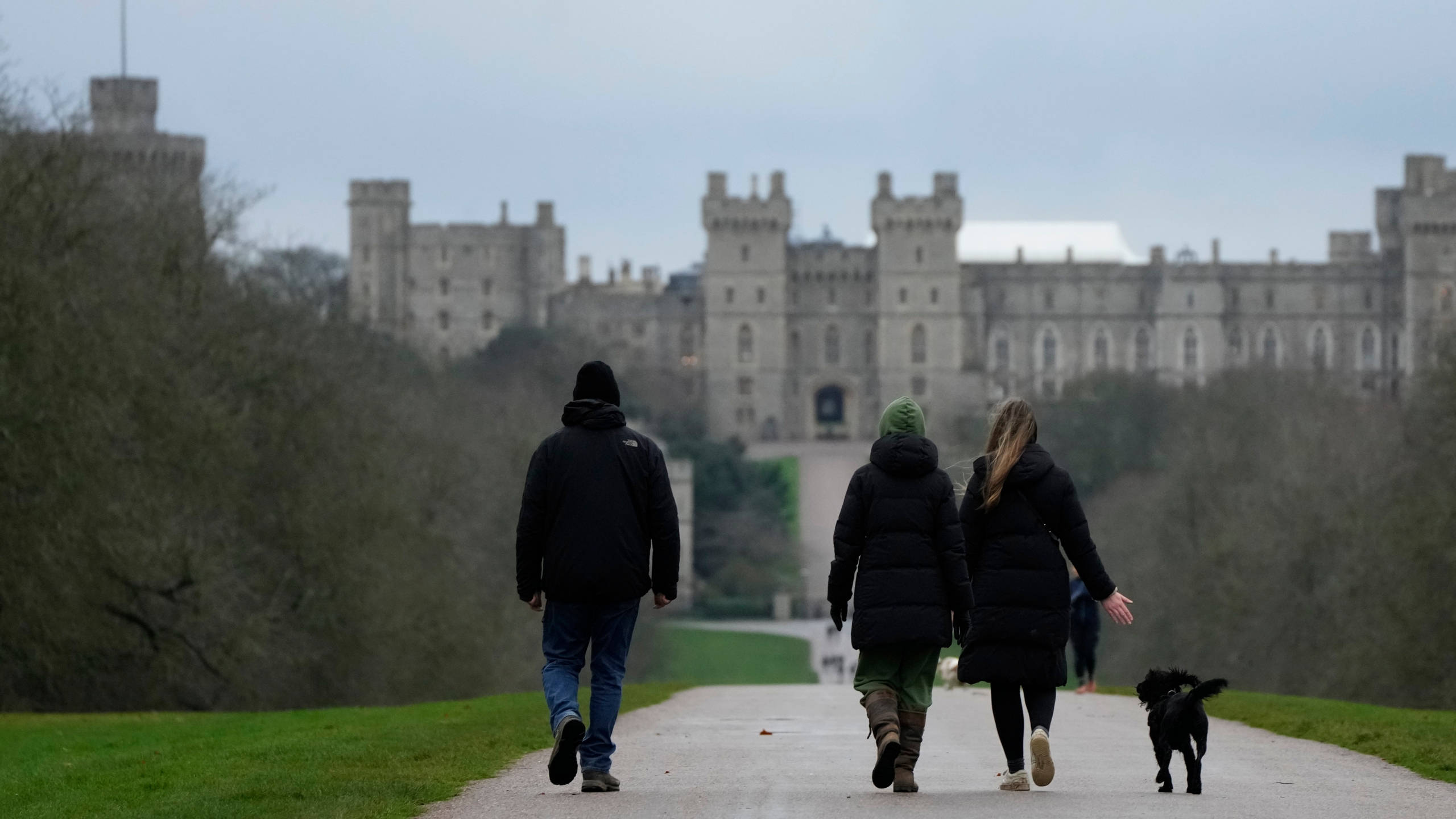 Windsor Castle, black dog, overcast sky, 2K Desktop Wallpaper