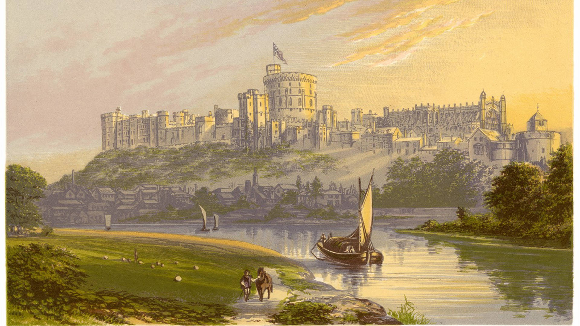 Windsor Castle, sunset, river, Full HD Desktop Wallpaper