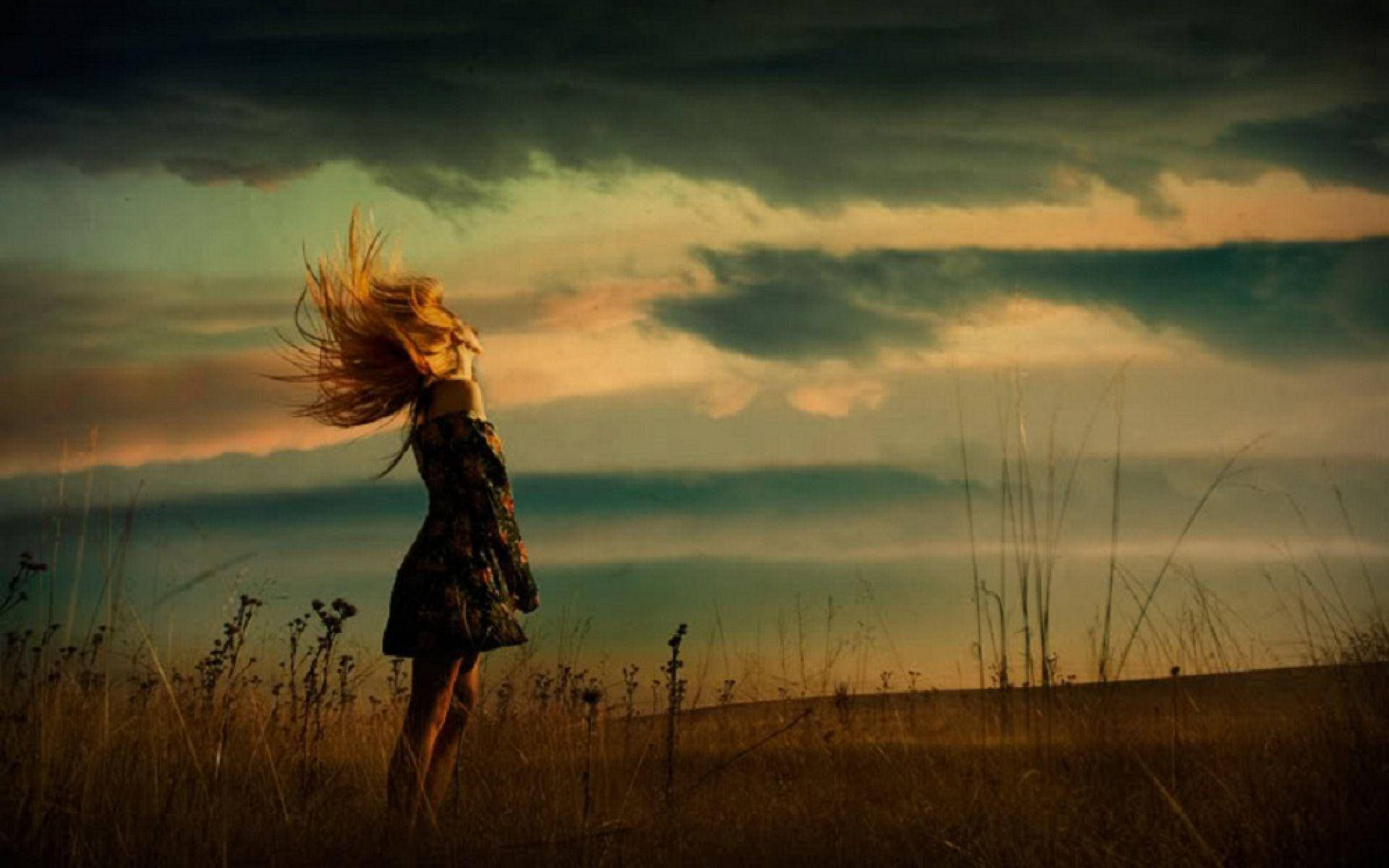 windswept hair, golden field, twilight sky, Full HD Desktop Wallpaper