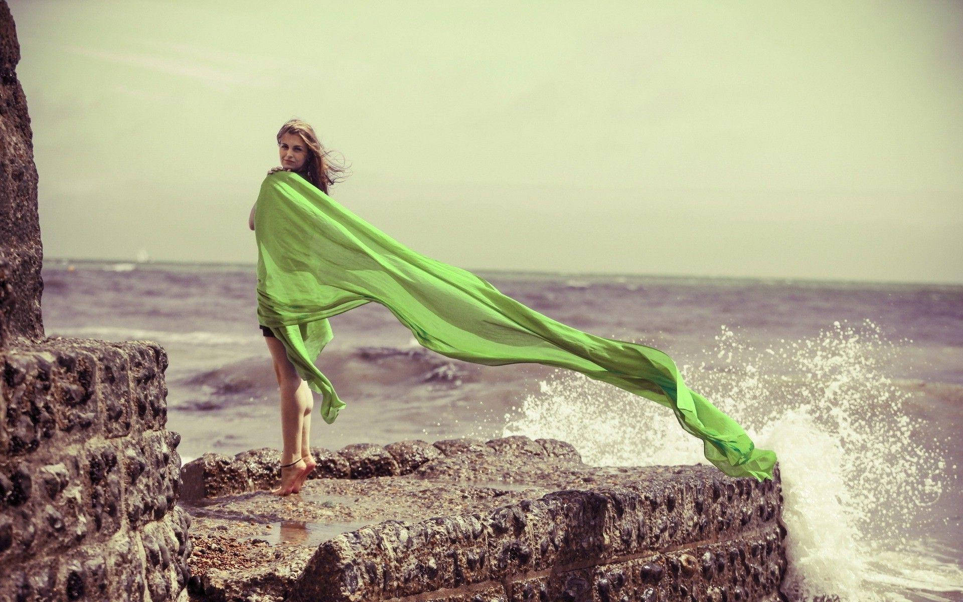 woman, sea, windy, Full HD Desktop Wallpaper