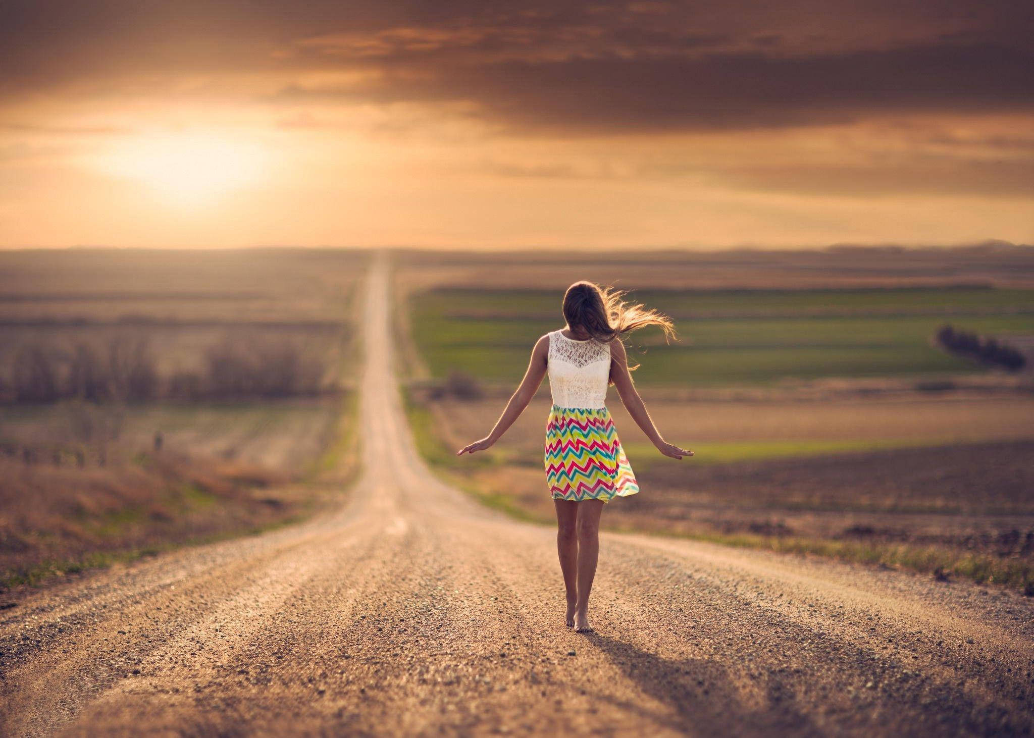 woman, colorful zigzag dress, dirt road, Full HD Desktop Wallpaper
