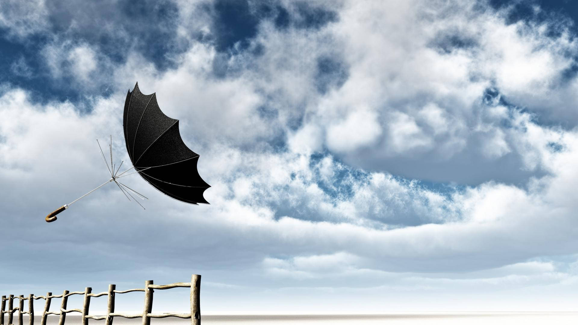 black umbrella, wooden fence, fluffy white clouds, Full HD Desktop Wallpaper