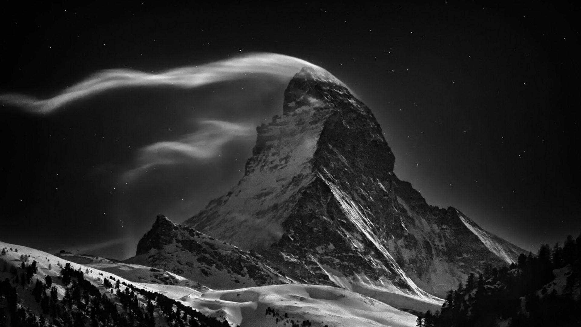 snowy mountain, wintertime, starry night sky, Full HD Desktop Wallpaper