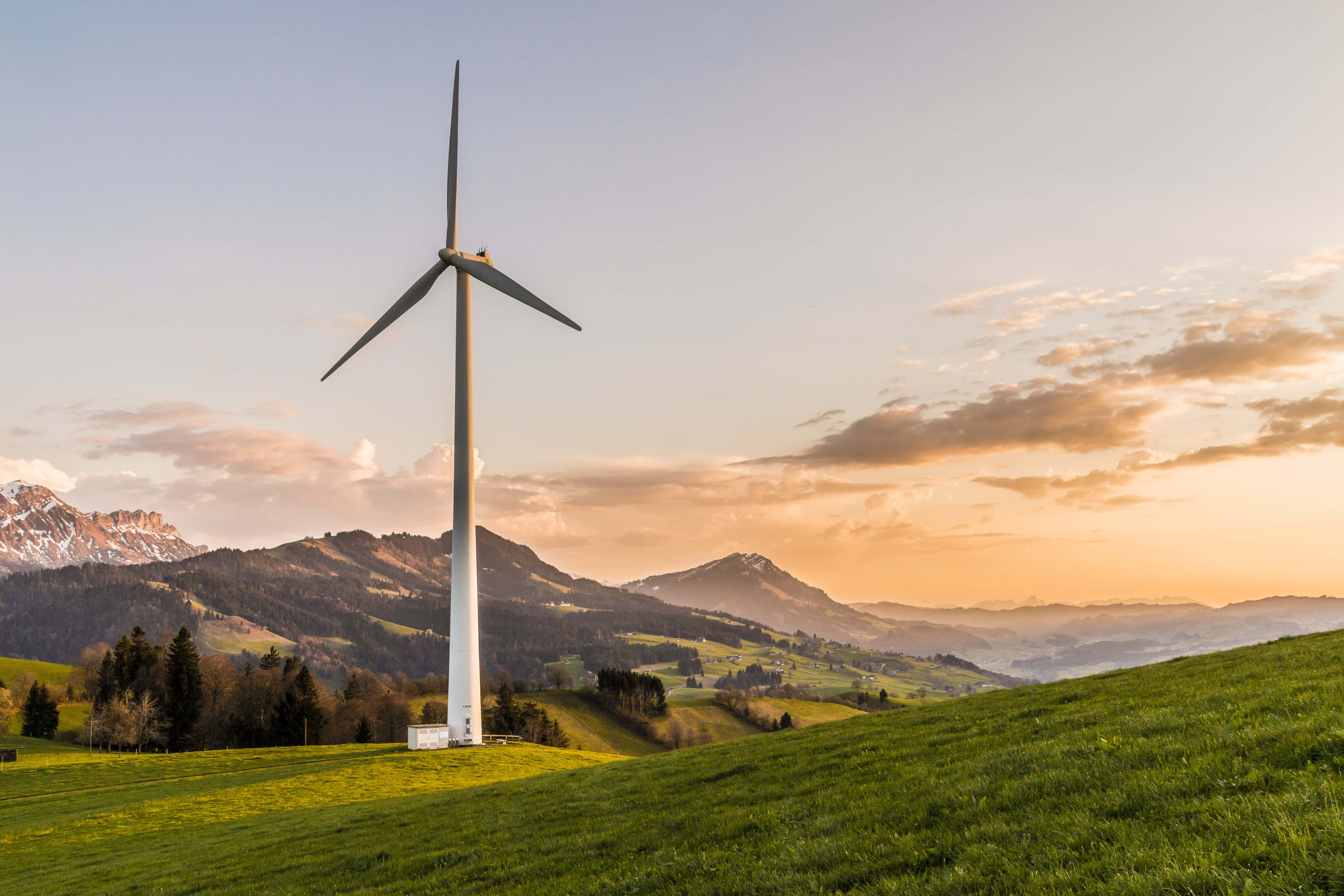sustainability air turbine, white wind turbine, sunlit green hillside, 5K Desktop Wallpaper