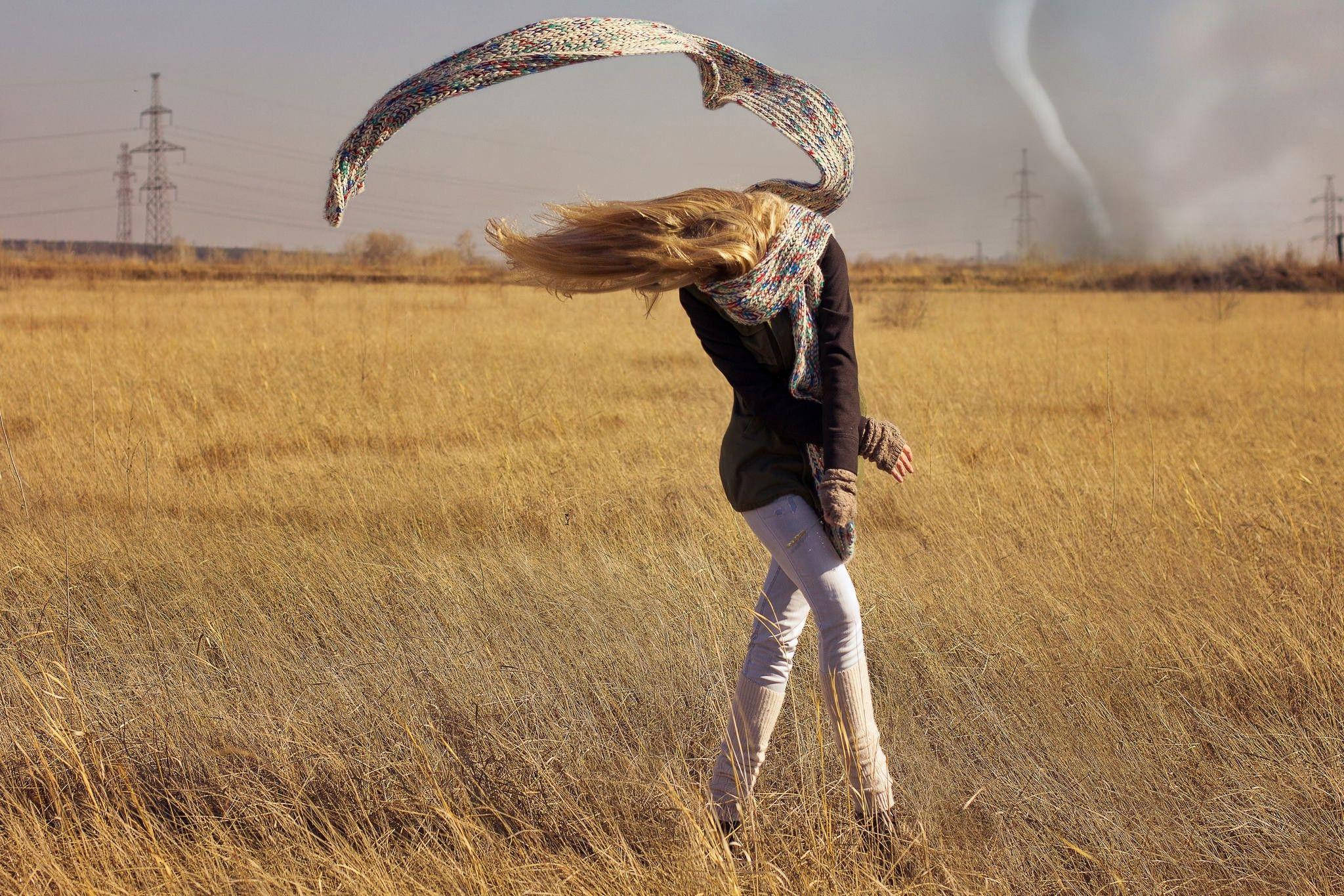 girl, dry grass, windy, Full HD Desktop Wallpaper