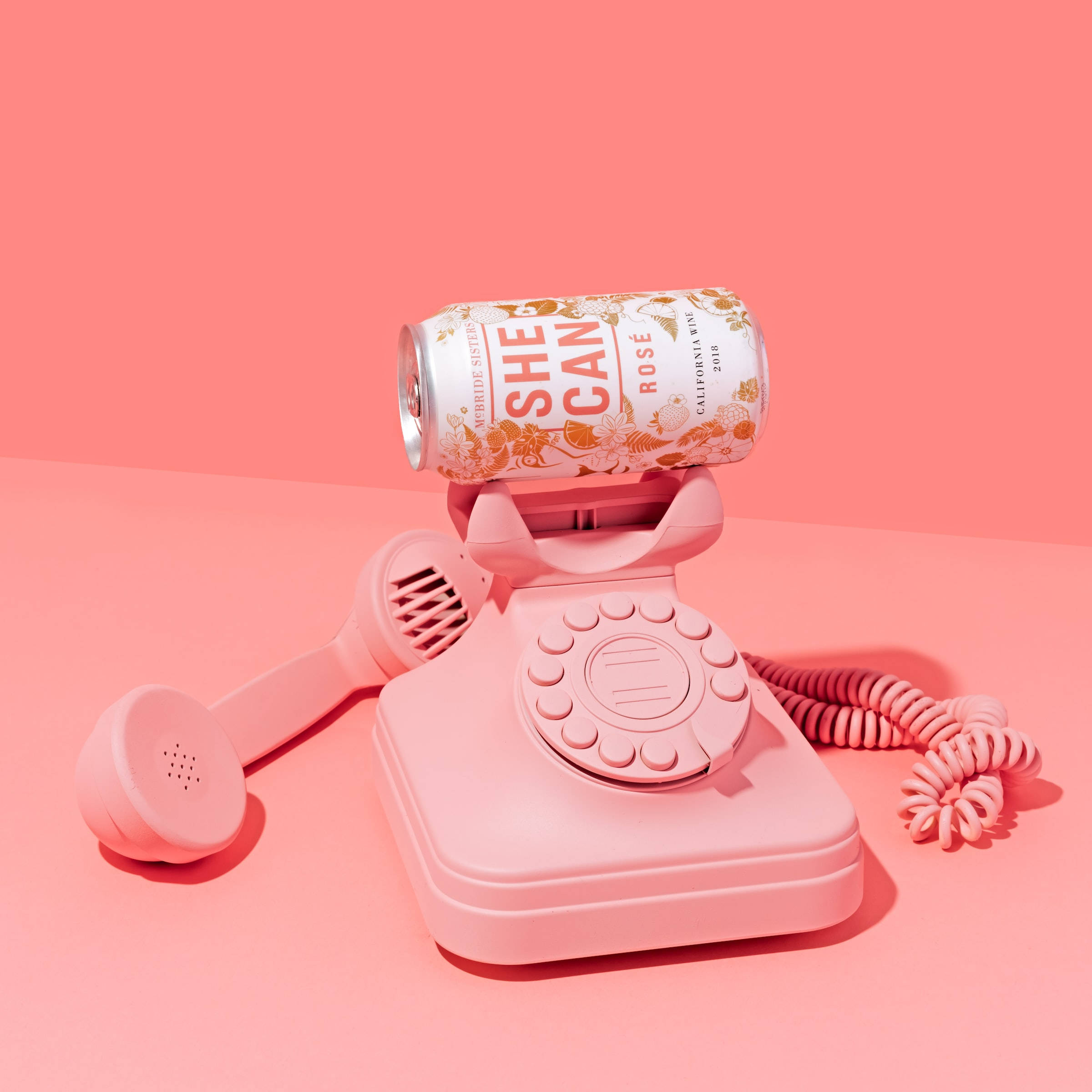pink rotary phone, rose wine can, solid pink background, Full HD Desktop Wallpaper