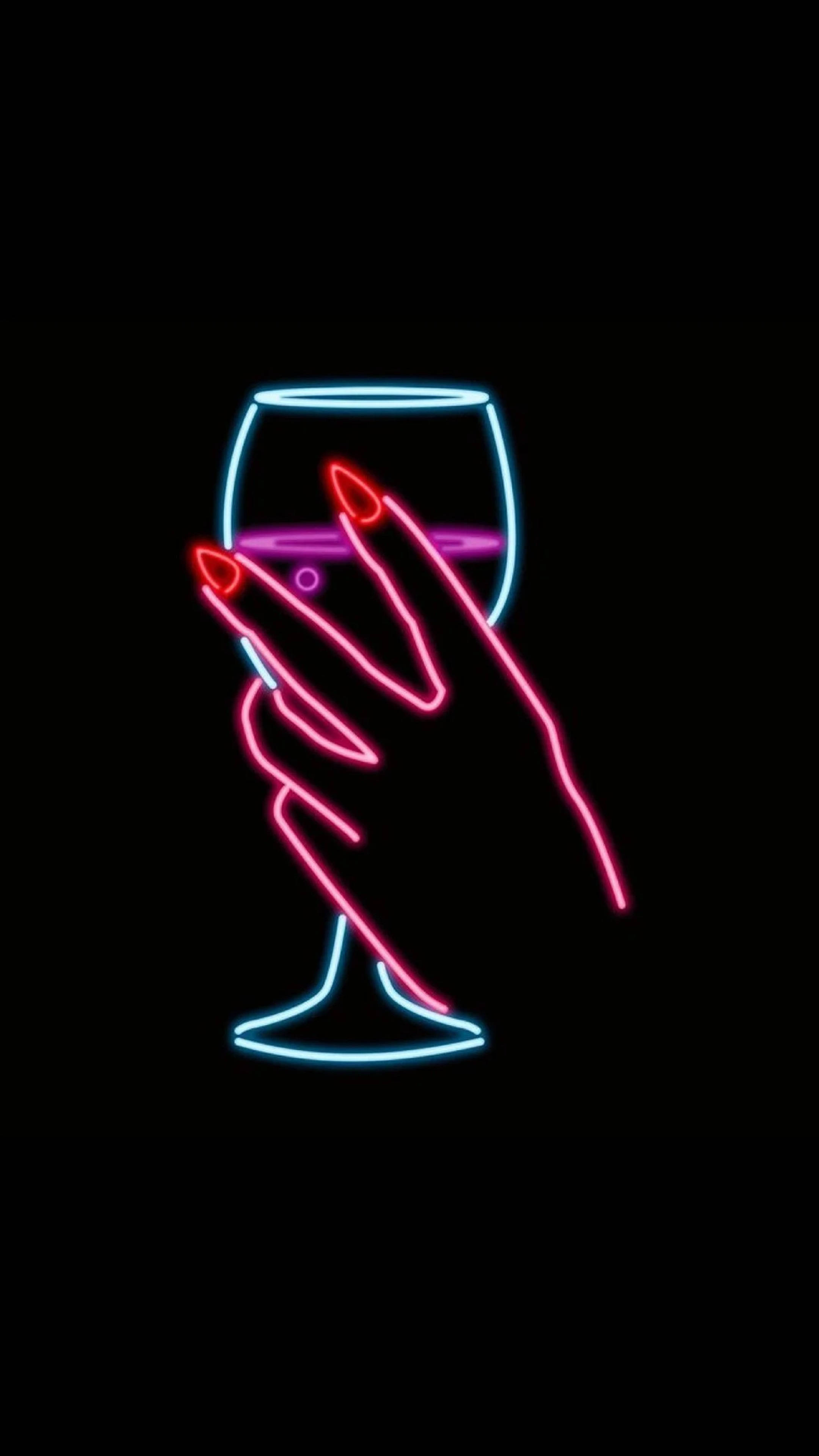 neon hand, red nails, wine glass, 4K Phone Wallpaper