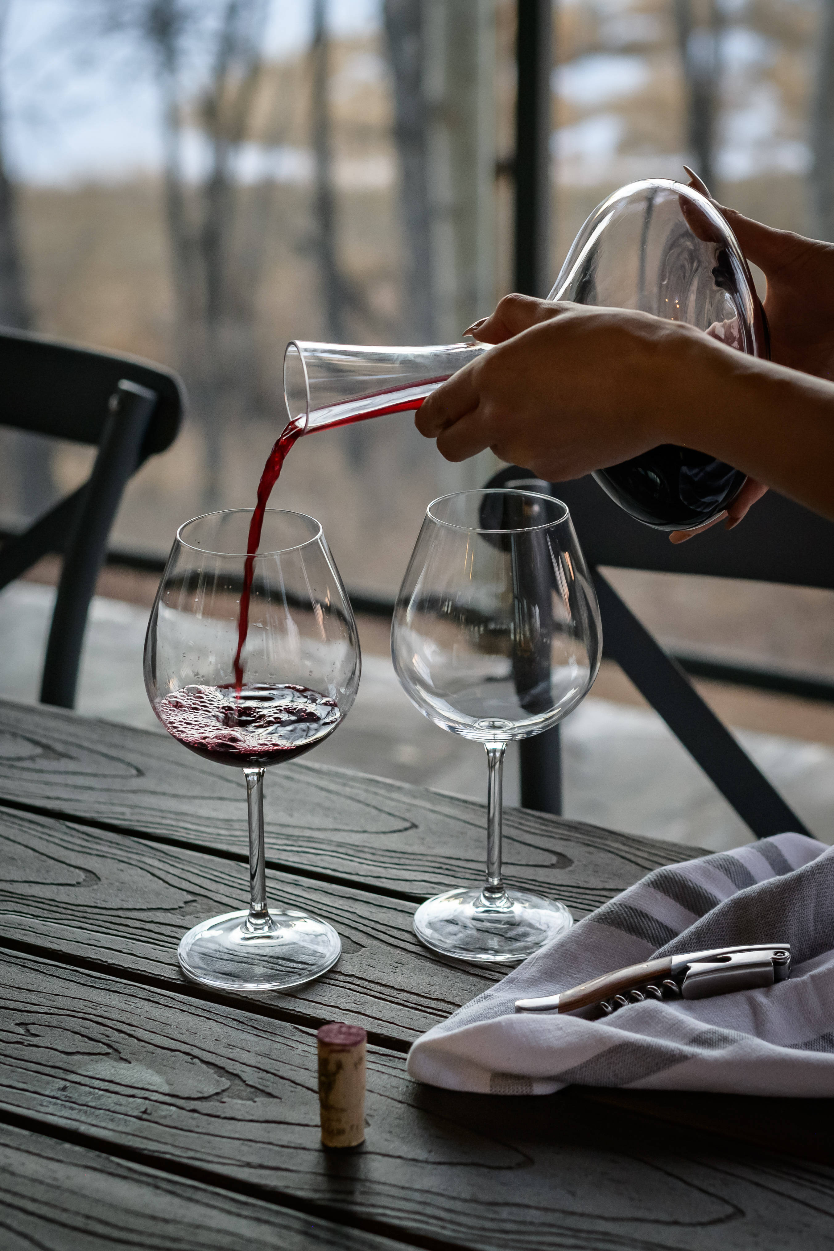two wine glasses, rich red wine, decanter, 4K Phone Wallpaper