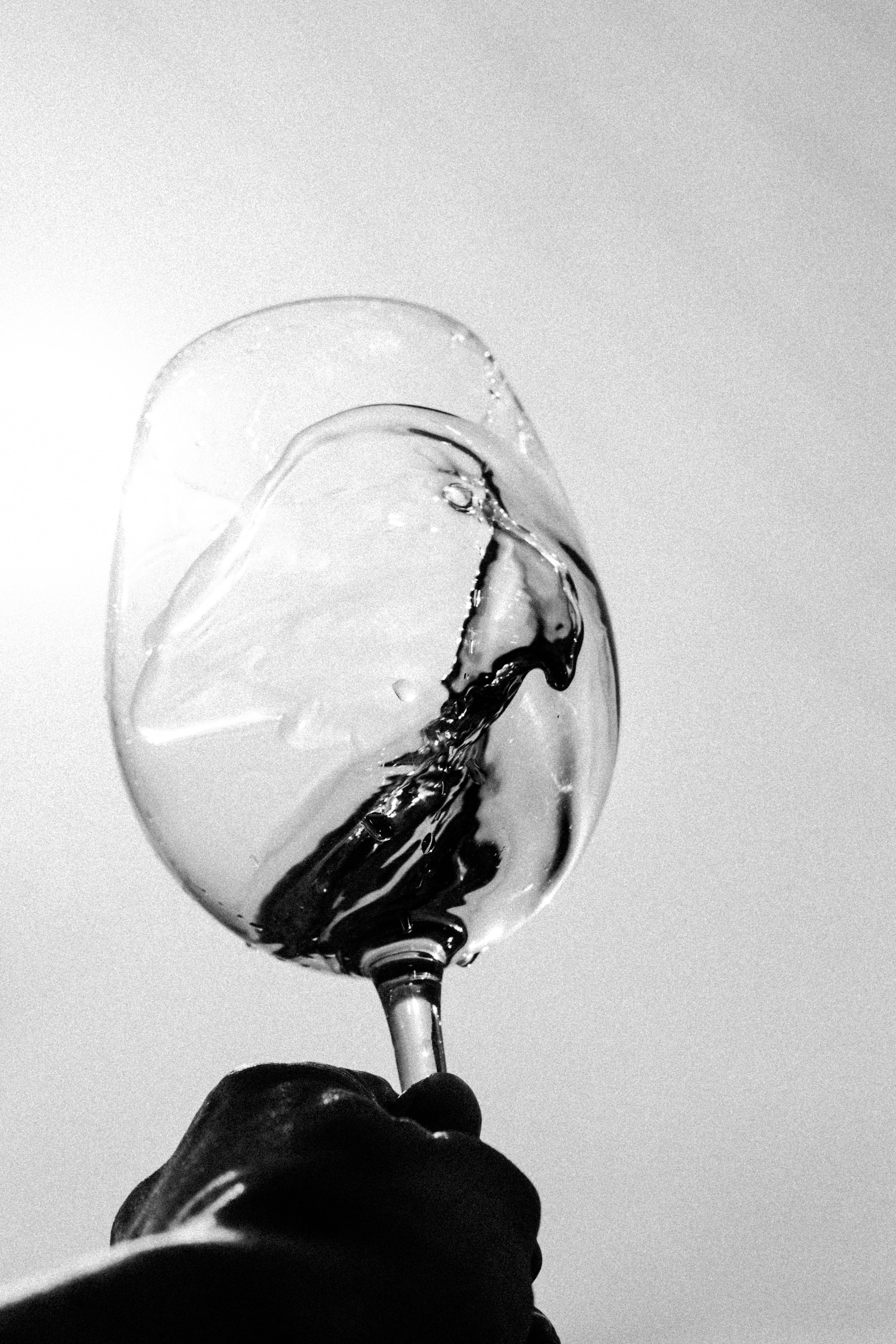 wine glass, dark liquid, black and white shot, 5K Phone Wallpaper