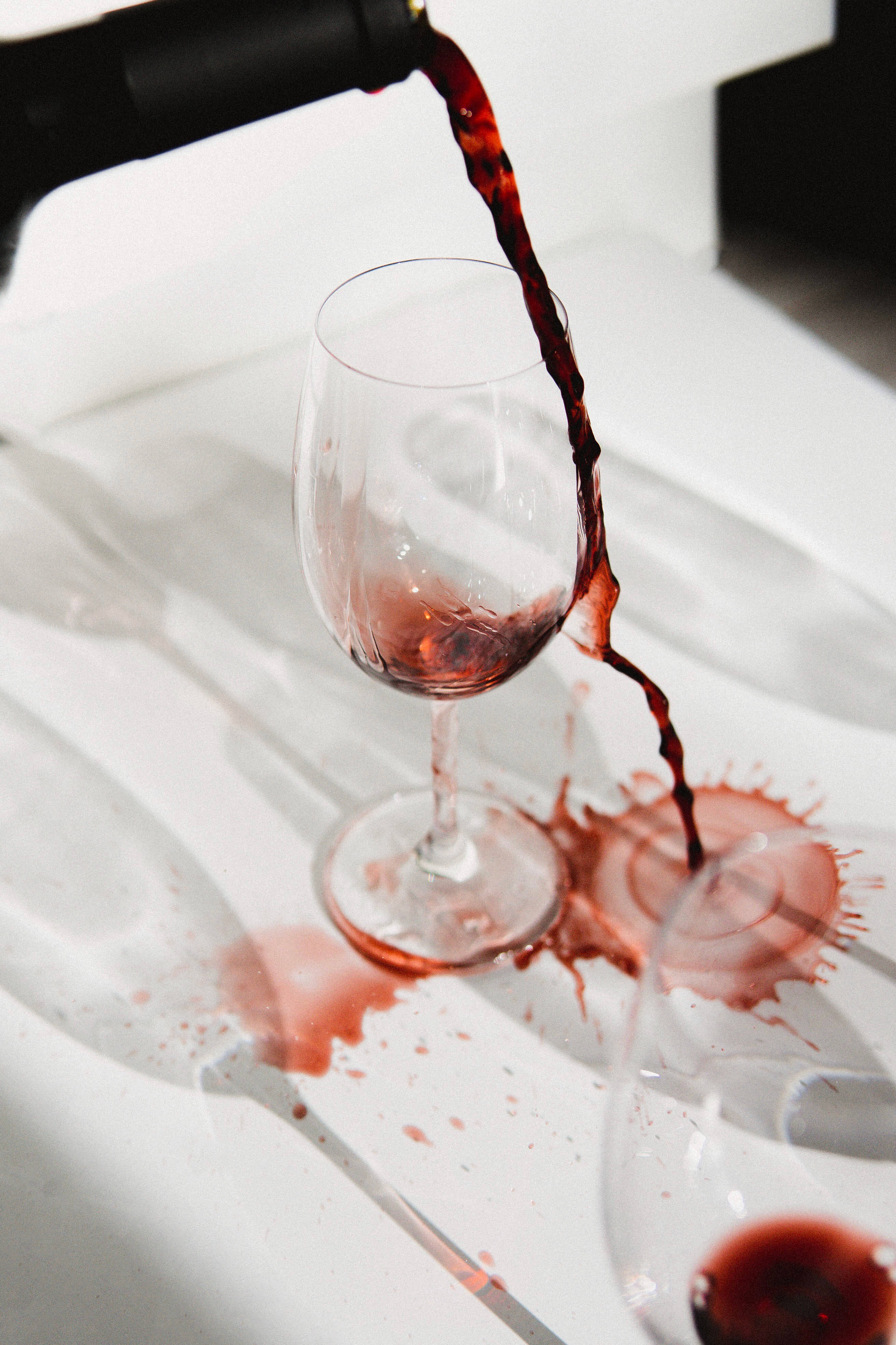 spilled red wine, bottle, glass, 4K Phone Wallpaper