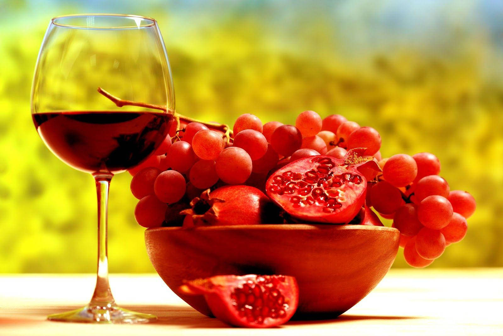 pomegranate, grapes, red wine, HD Desktop Wallpaper