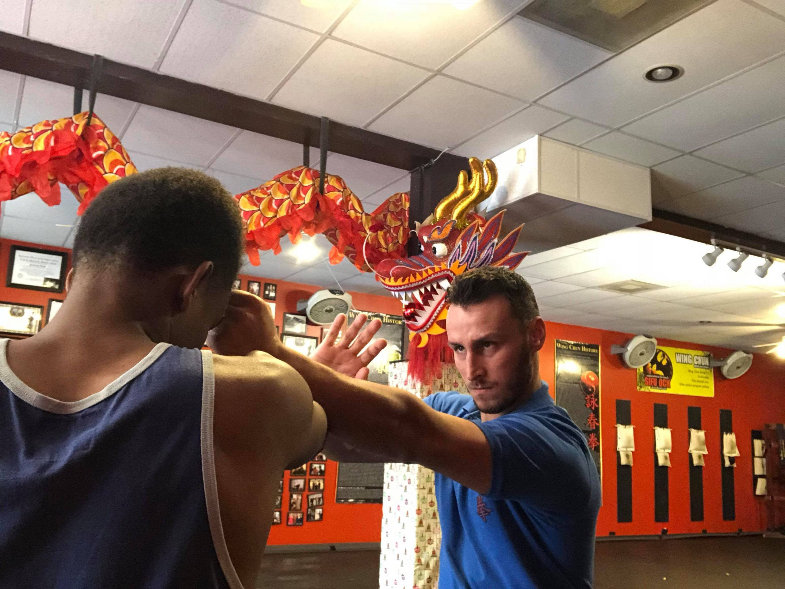 Wing Chun, vibrant red dragon decoration, martial arts studio, 2K Desktop Wallpaper