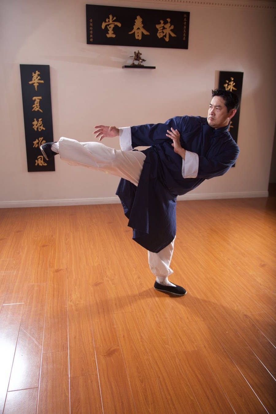 Wing Chun, traditional martial arts attire, wooden-floored studio, HD Phone Wallpaper
