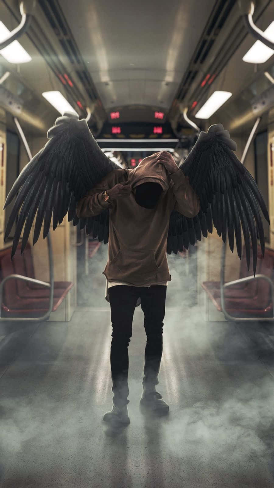 hooded figure, massive black wings, smoky subway car, HD Phone Wallpaper