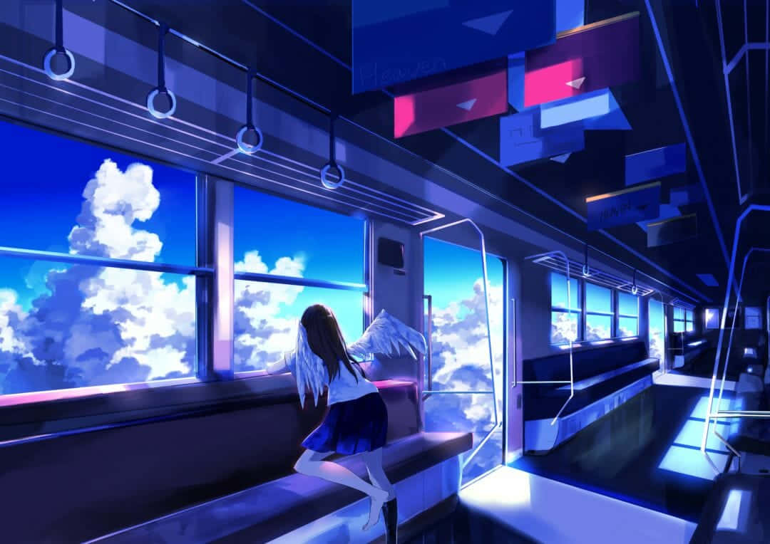 anime girl, wings, futuristic train, SD Desktop Wallpaper