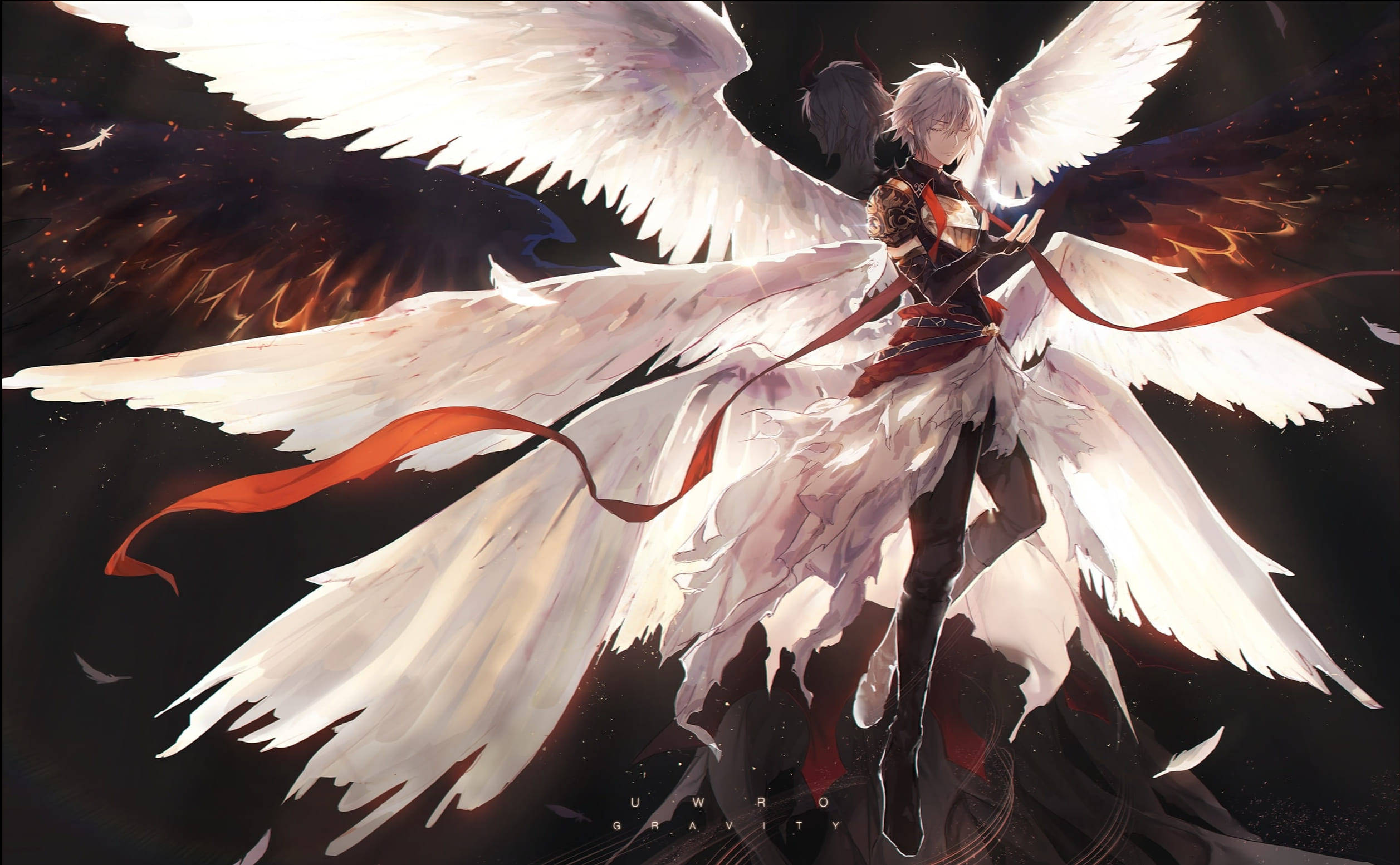 anime angel, white-winged, red ribbon, Full HD Desktop Wallpaper