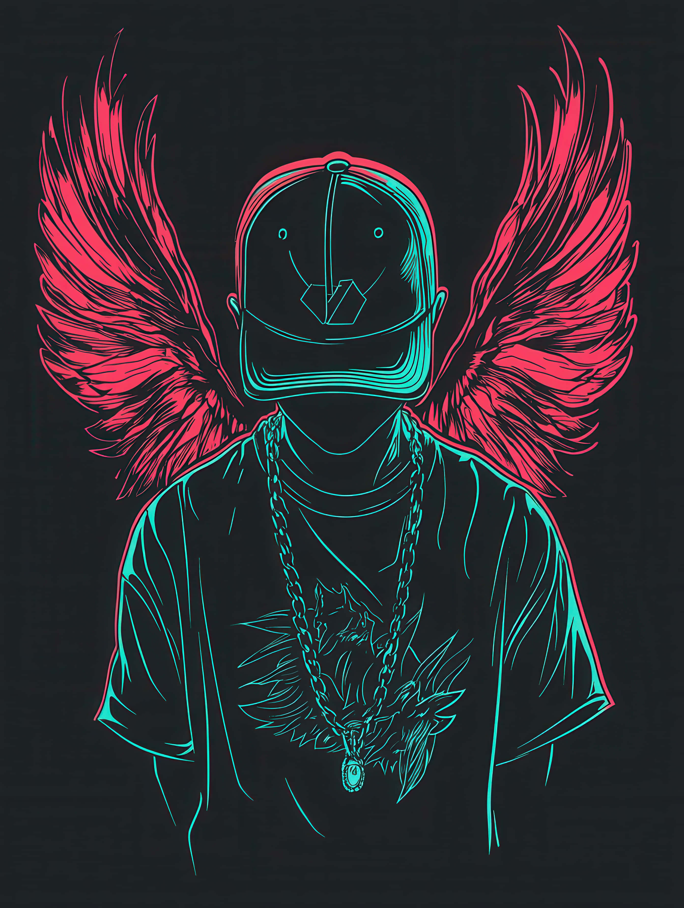 neon line art, faceless figure, wings, 2K Phone Wallpaper