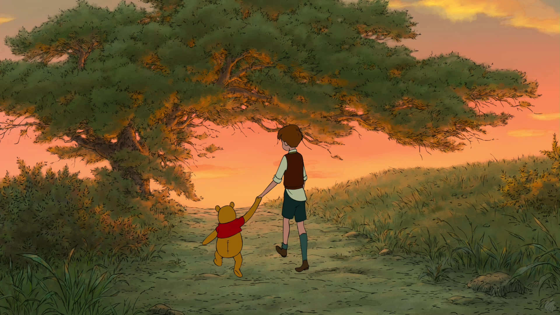 Winnie The Pooh, sunset, grassy field, Full HD Desktop Wallpaper