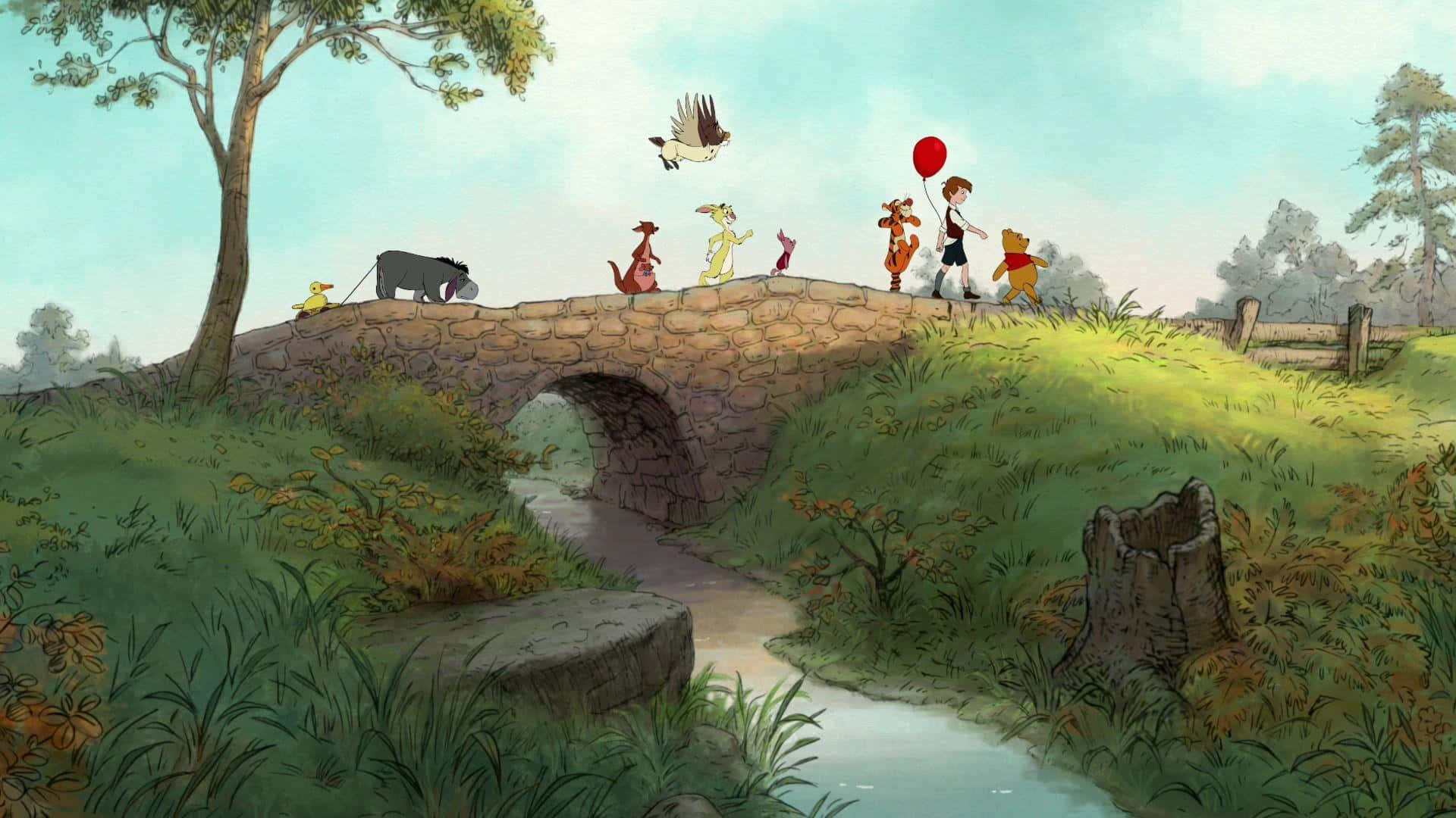 Winnie The Pooh, friends, stone bridge, Full HD Desktop Wallpaper