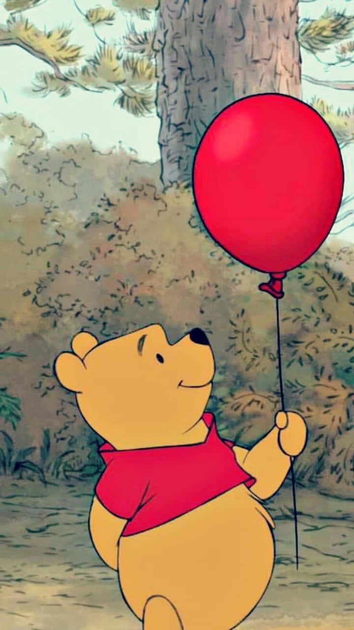 Winnie The Pooh, forest, red balloon, HD Phone Wallpaper