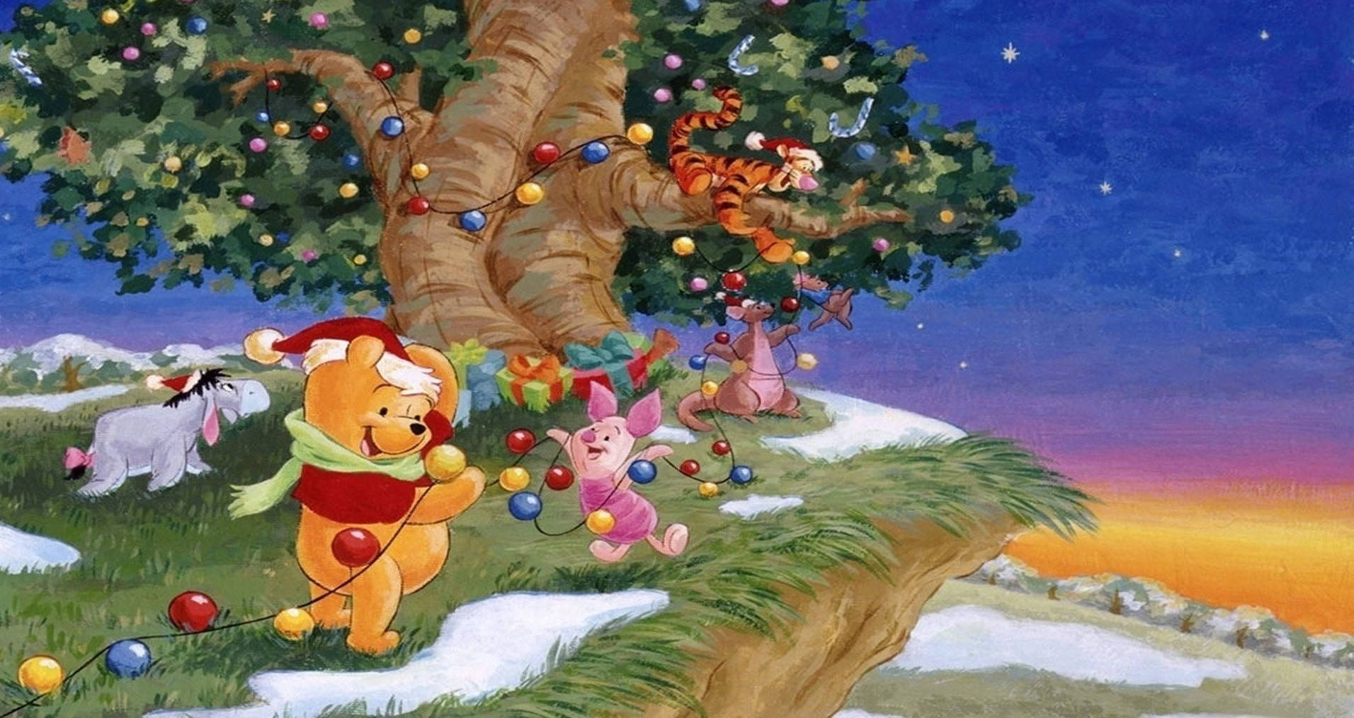 Winnie The Pooh, Christmas Balls, giant tree, HD Desktop Wallpaper