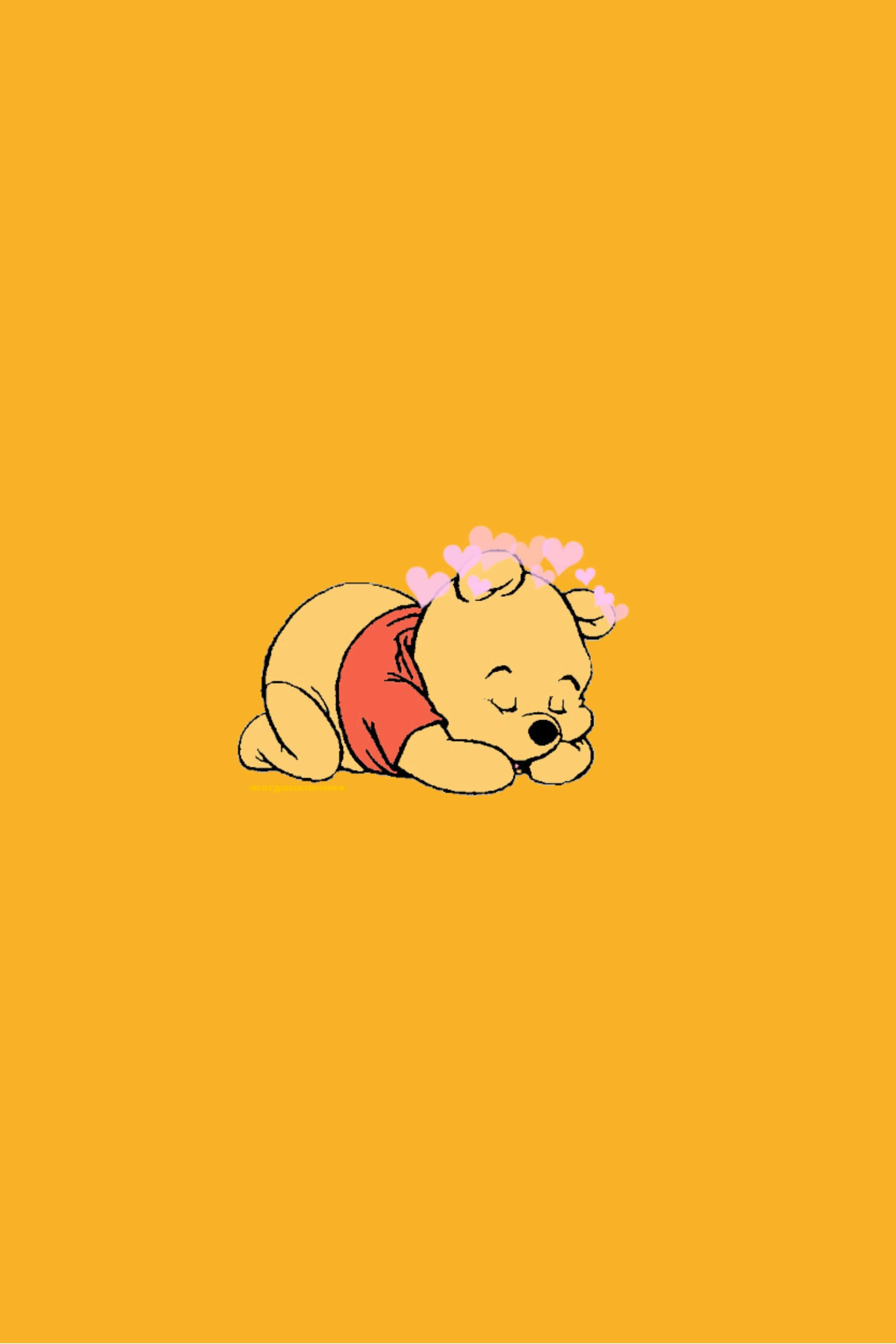 Winnie The Pooh, pink hearts, orange background, 2K Phone Wallpaper