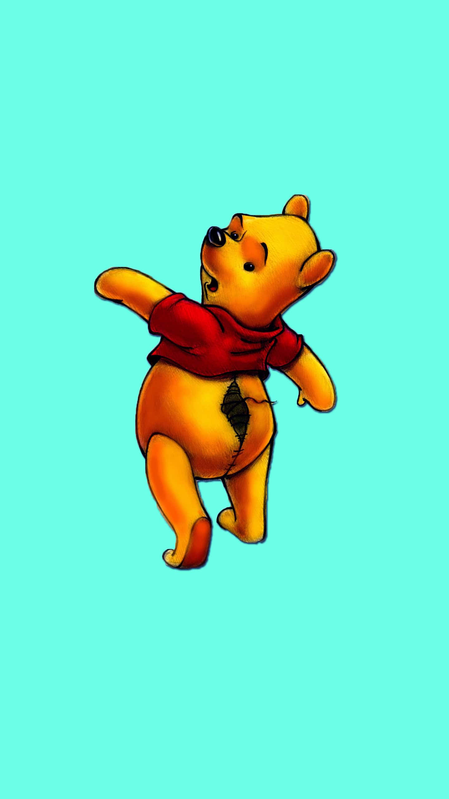 Winnie The Pooh, red shirt, turquoise background, 2K Phone Wallpaper