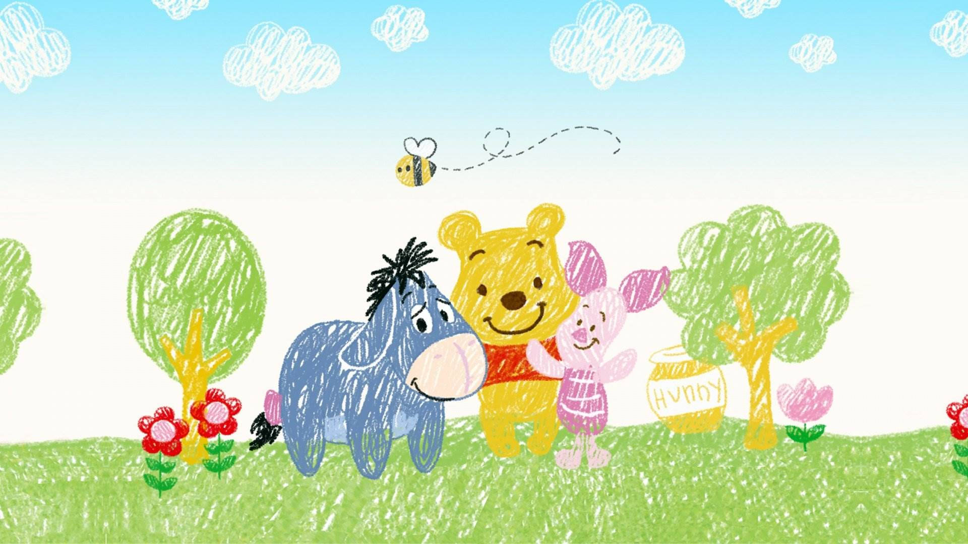 Winnie The Pooh, crayon-style, meadow, Full HD Desktop Wallpaper