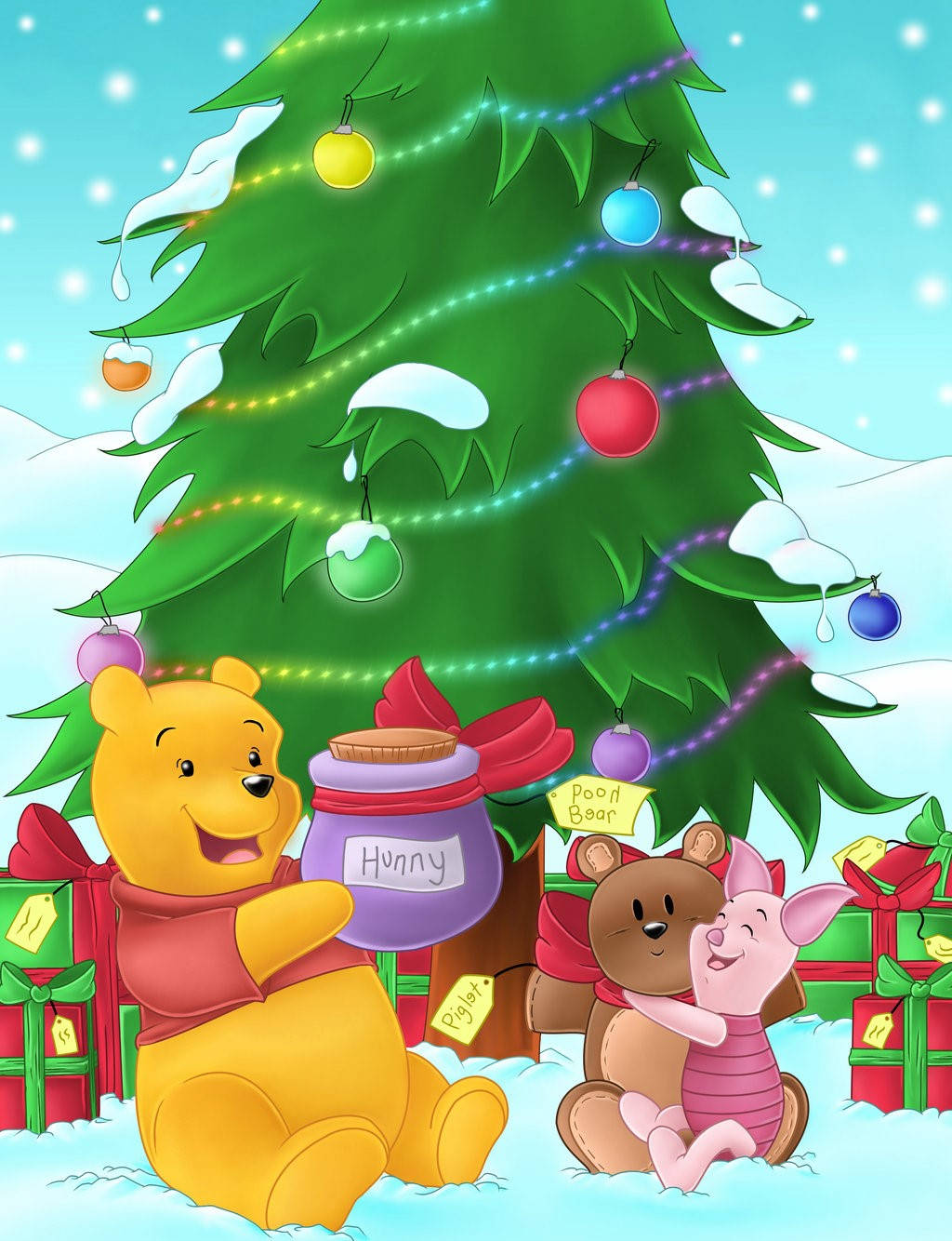 Winnie The Pooh, Christmas tree, snow-dusted, HD Phone Wallpaper
