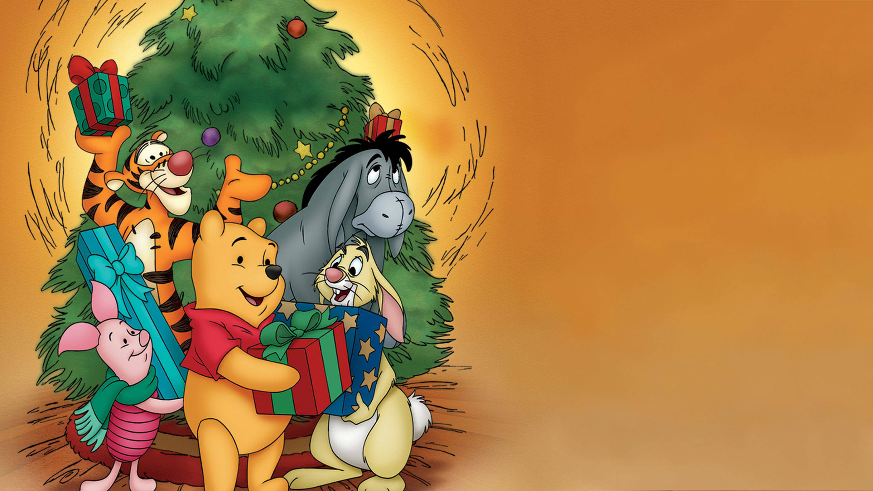 Winnie The Pooh, Christmas tree, red gift, 2K Desktop Wallpaper