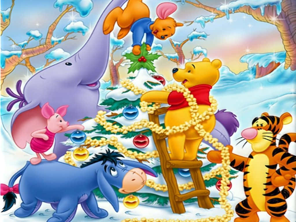 Winnie the Pooh, friends, snowy Christmas tree, SD Desktop Wallpaper