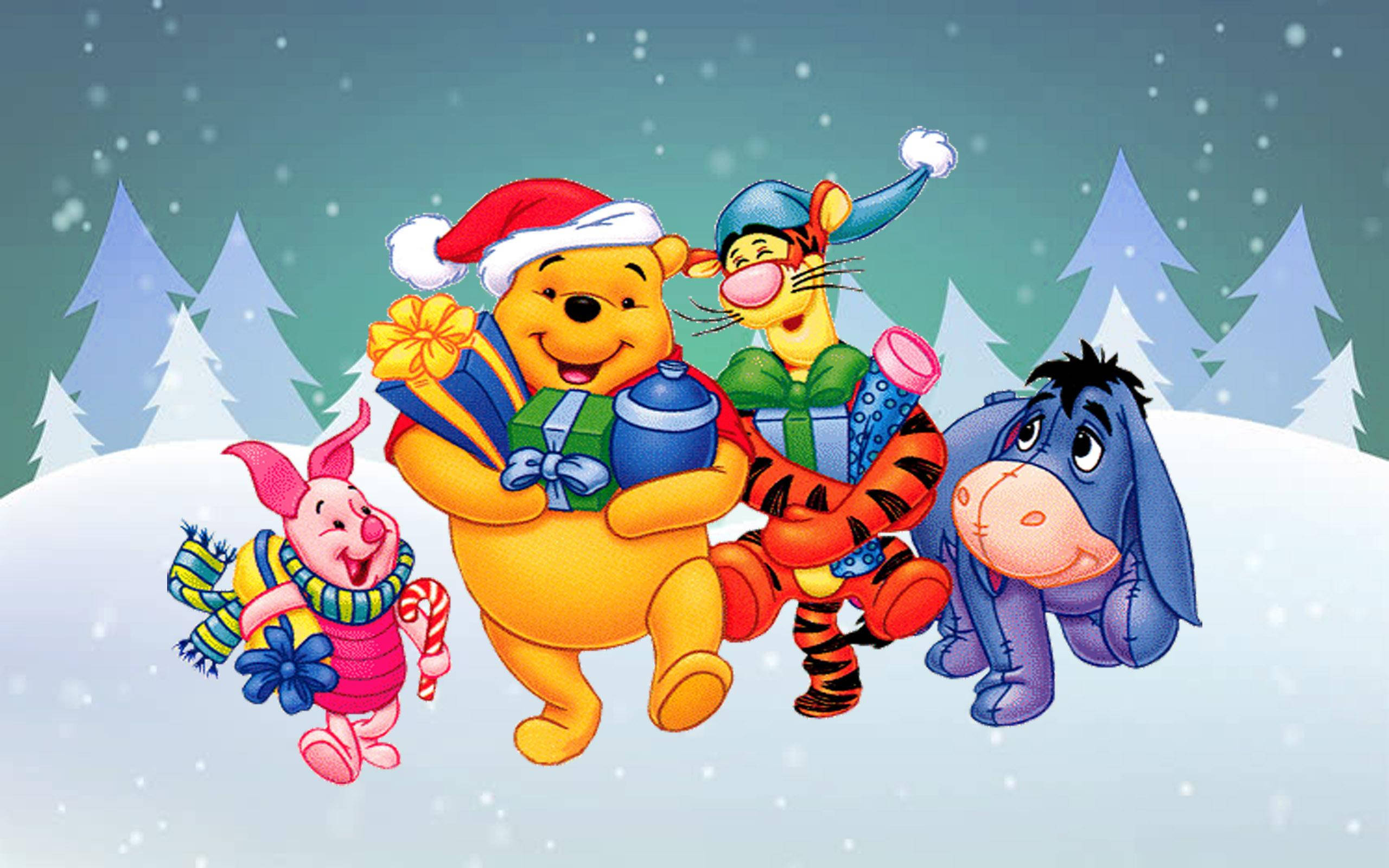 Winnie The Pooh, friends, festive winter gear, 2K Desktop Wallpaper