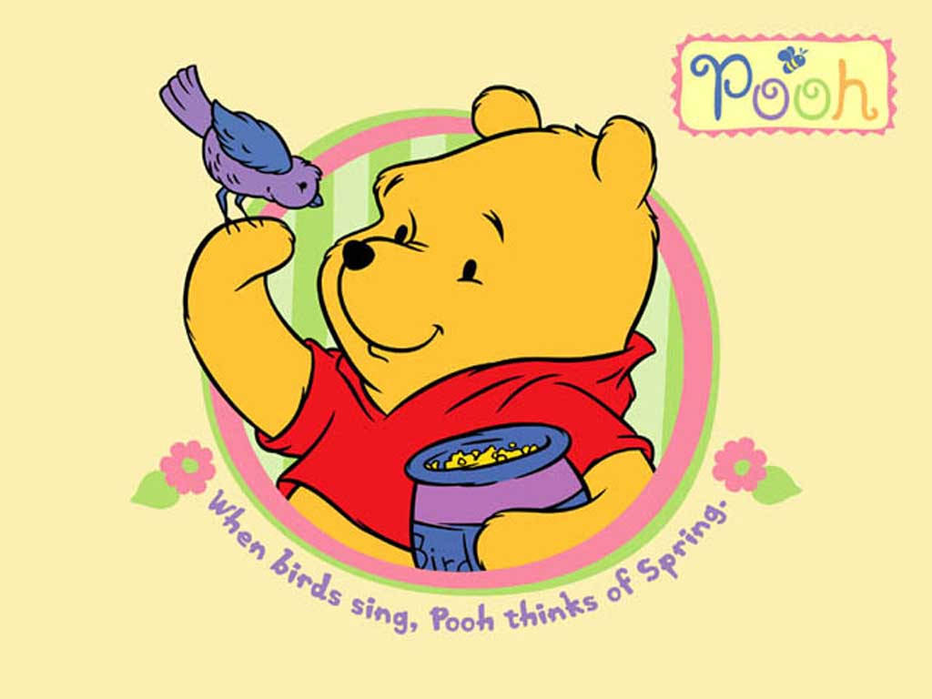 Winnie the Pooh, purple bird, red shirt, SD Desktop Wallpaper