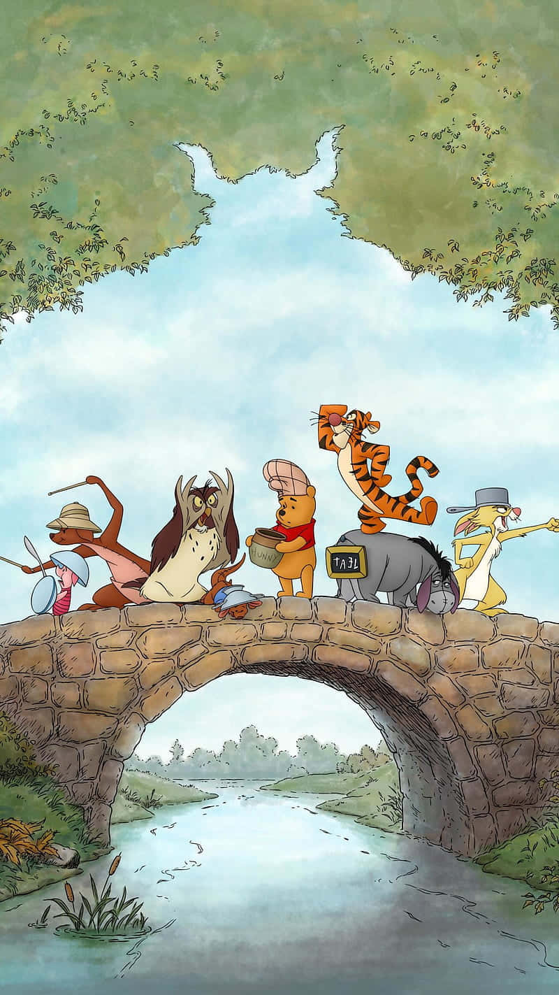 Winnie The Pooh, friends, stone bridge, HD Phone Wallpaper