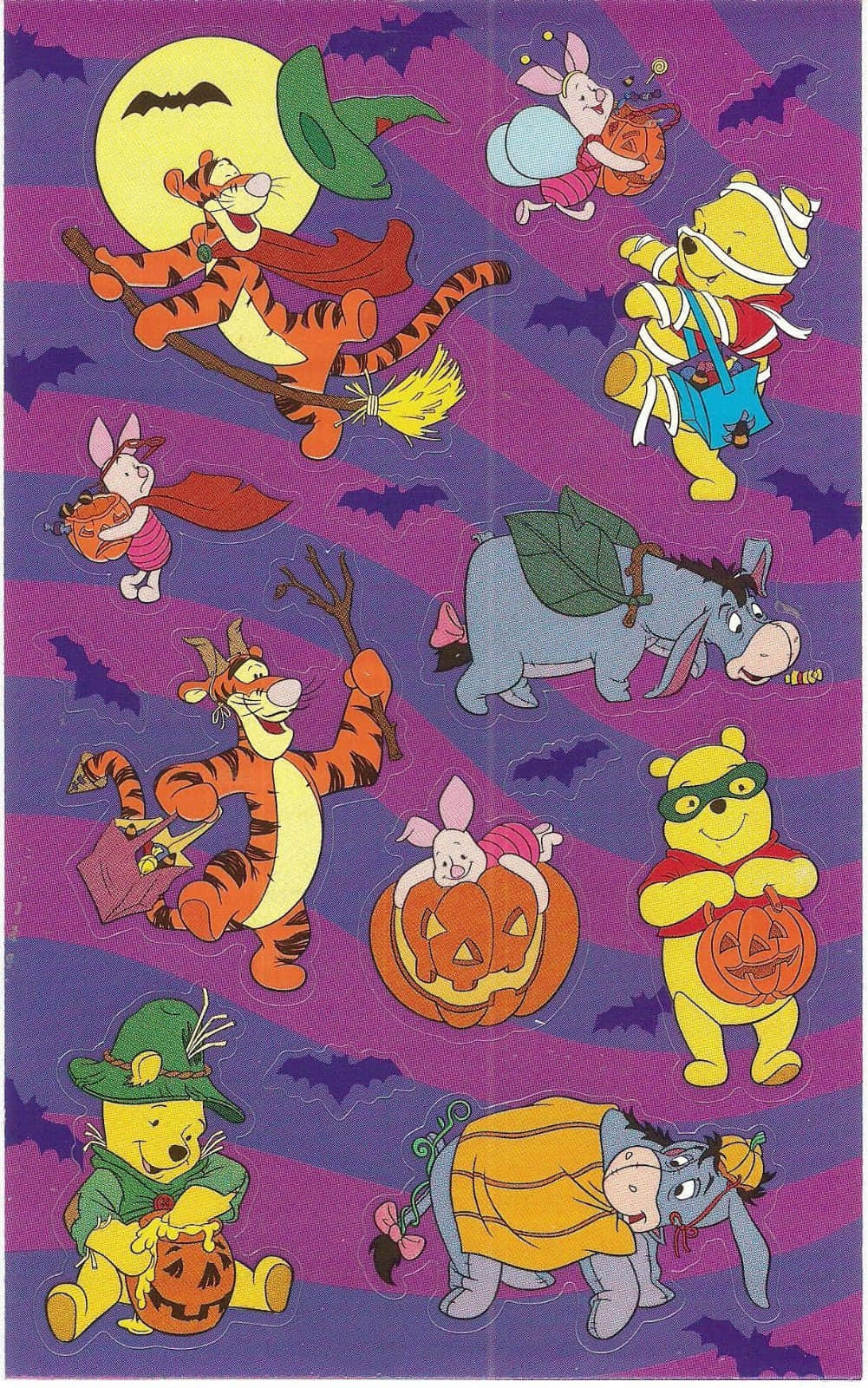 Winnie the Pooh, Halloween costumes, purple bat-filled night sky, HD Phone Wallpaper