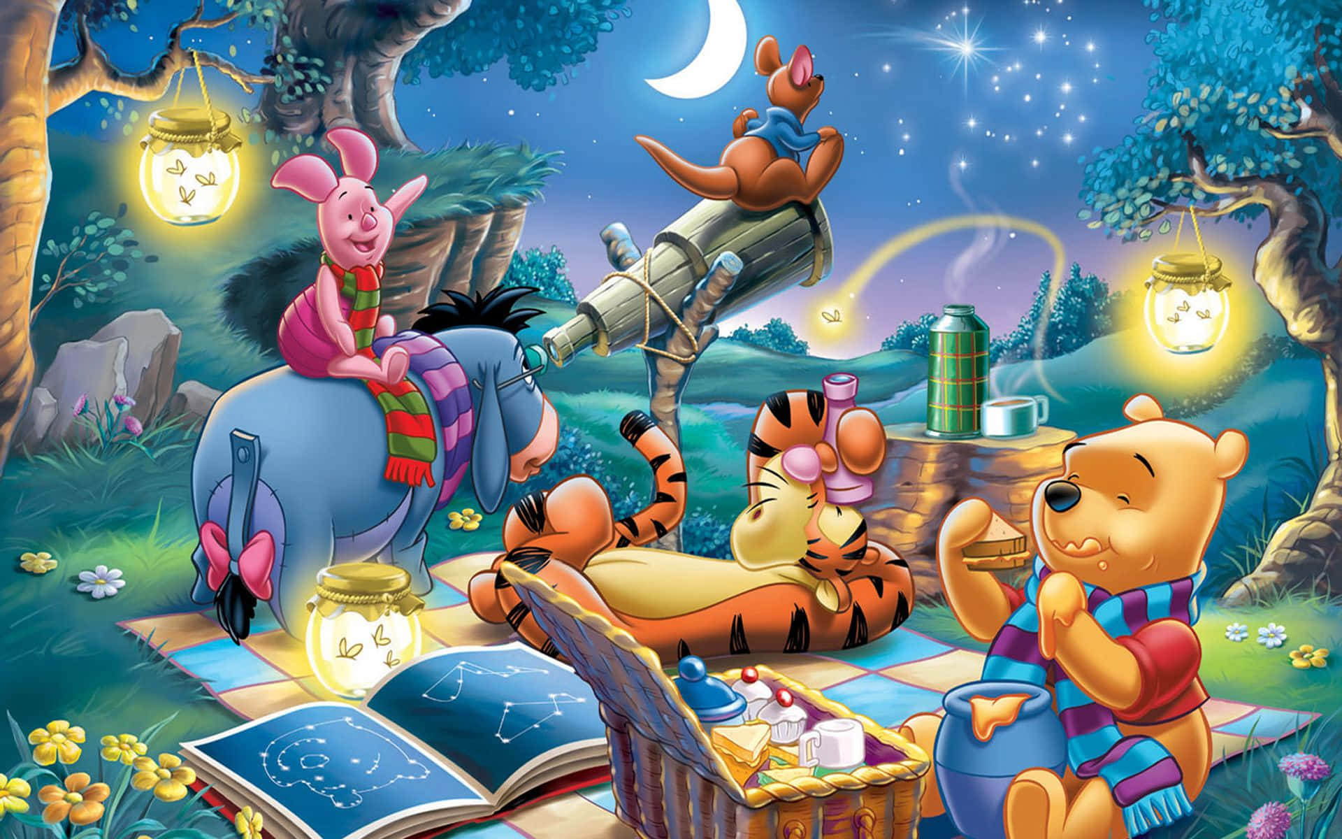 Winnie the Pooh, Halloween, crescent moon, Full HD Desktop Wallpaper
