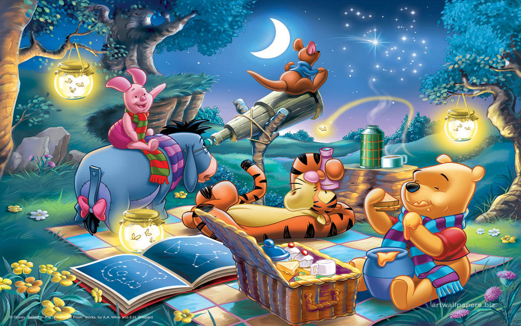 Winnie The Pooh, friends, starry night, HD Desktop Wallpaper