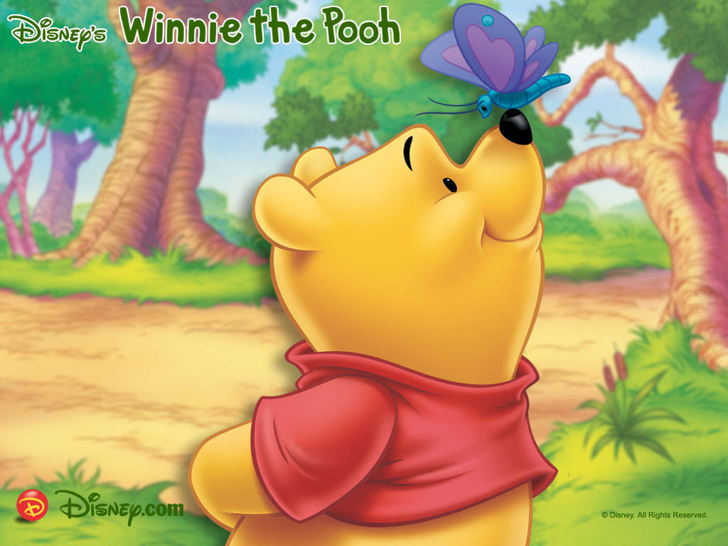 Winnie The Pooh, purple butterfly, sunlit forest clearing, SD Desktop Wallpaper
