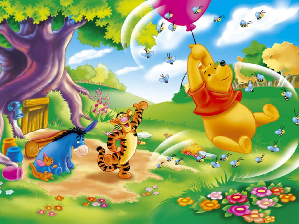 Winnie The Pooh, pink balloon, vibrant forest clearing, SD Desktop Wallpaper