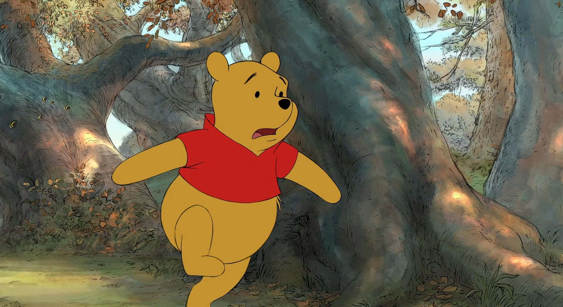 Winnie The Pooh, red shirt, sunlit forest, Full HD Desktop Wallpaper
