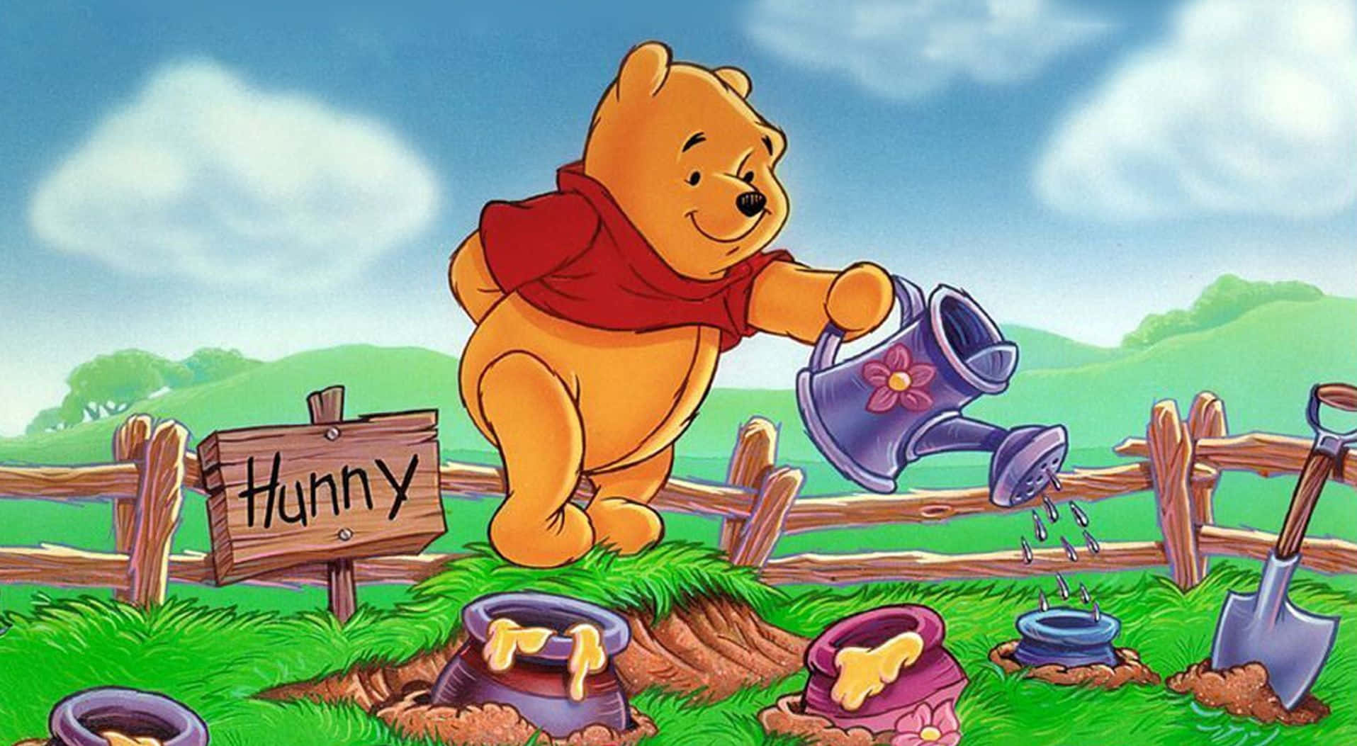 Winnie The Pooh, honey pots, garden, HD Desktop Wallpaper