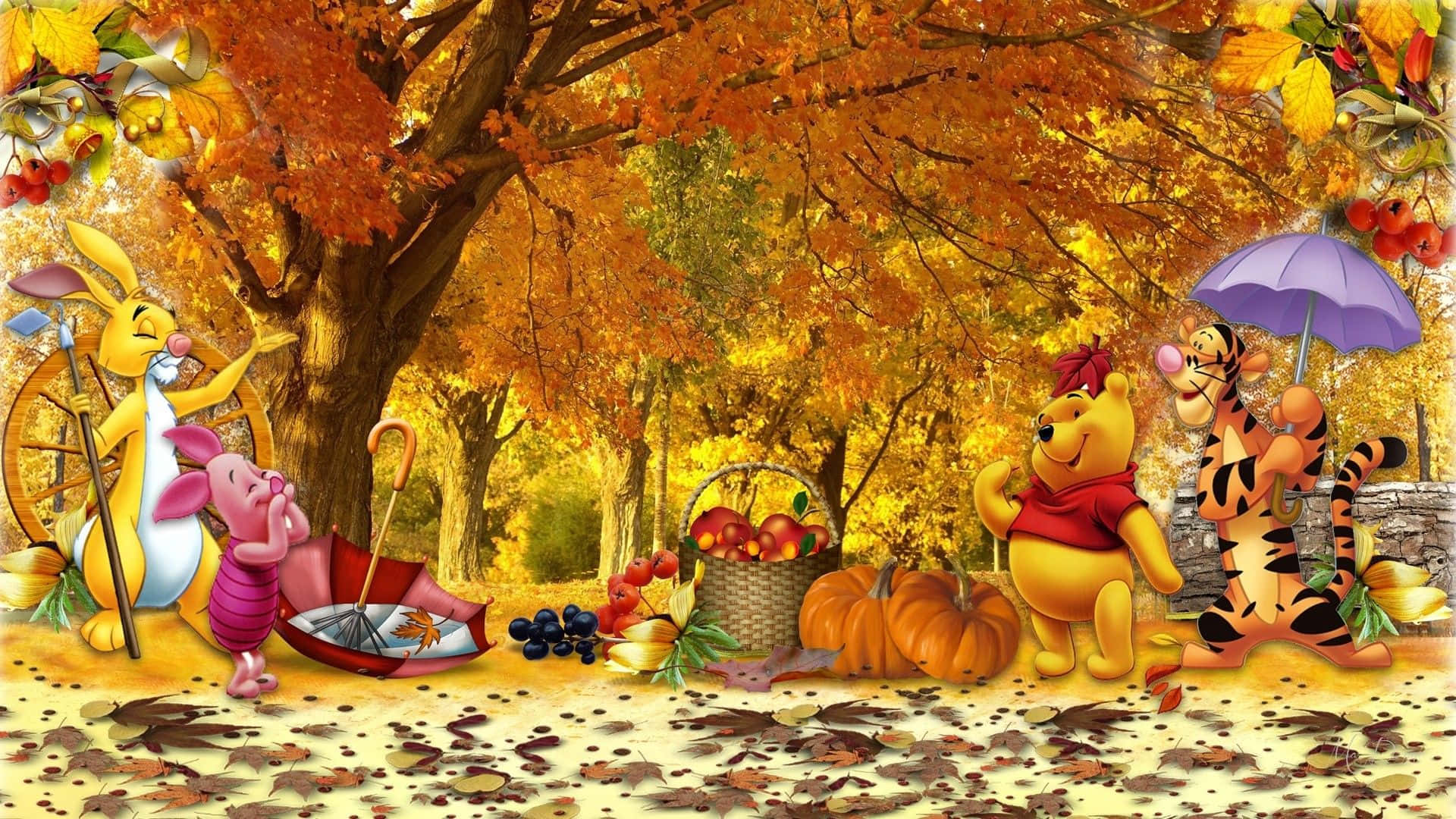 Winnie The Pooh, golden autumn tree, pumpkins, Full HD Desktop Wallpaper