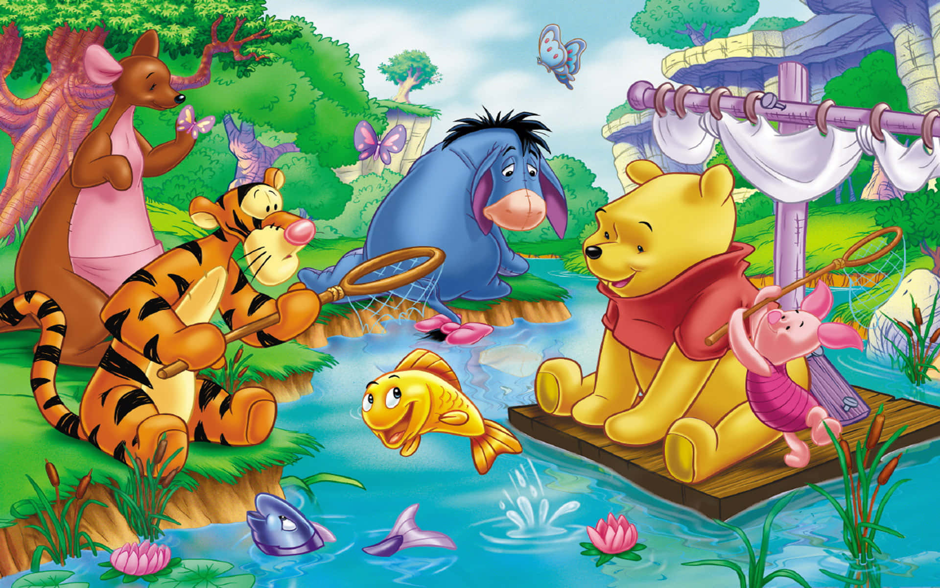 Winnie the Pooh, pond, butterflies, Full HD Desktop Wallpaper