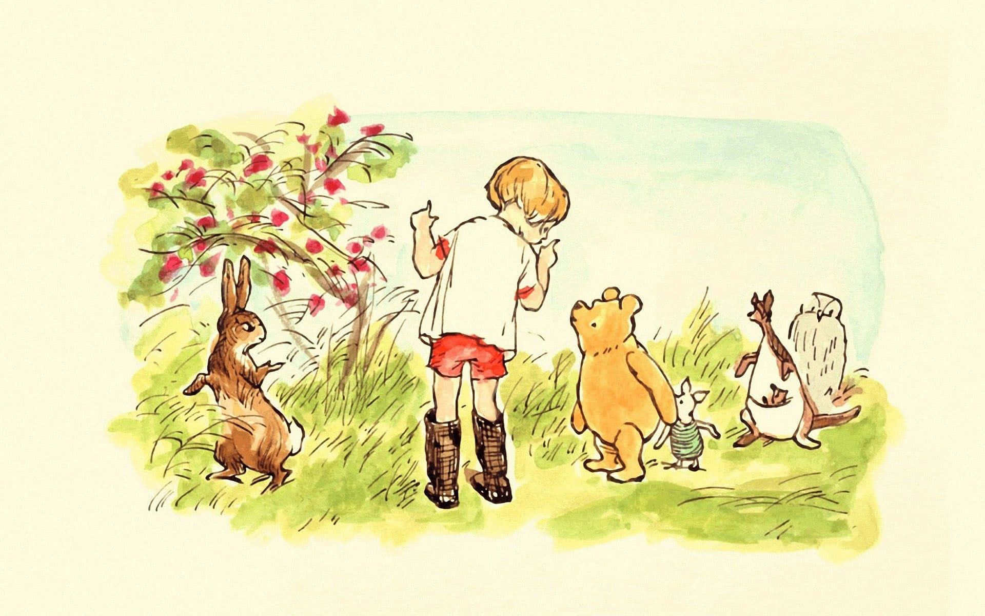Winnie the Pooh, friends, blossoming tree, Full HD Desktop Wallpaper