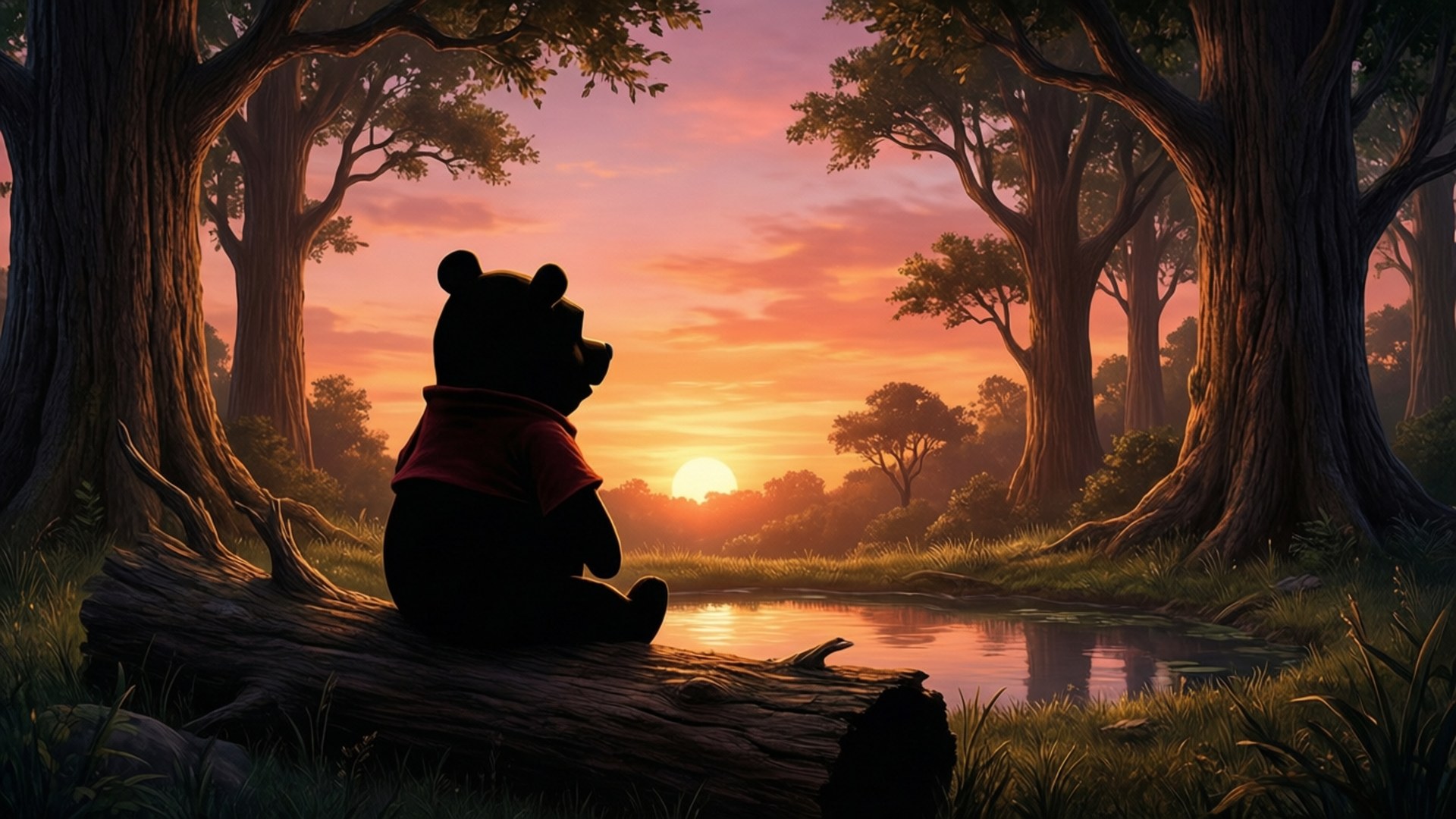 Winnie the Pooh, sunset, orange, Full HD Desktop Wallpaper
