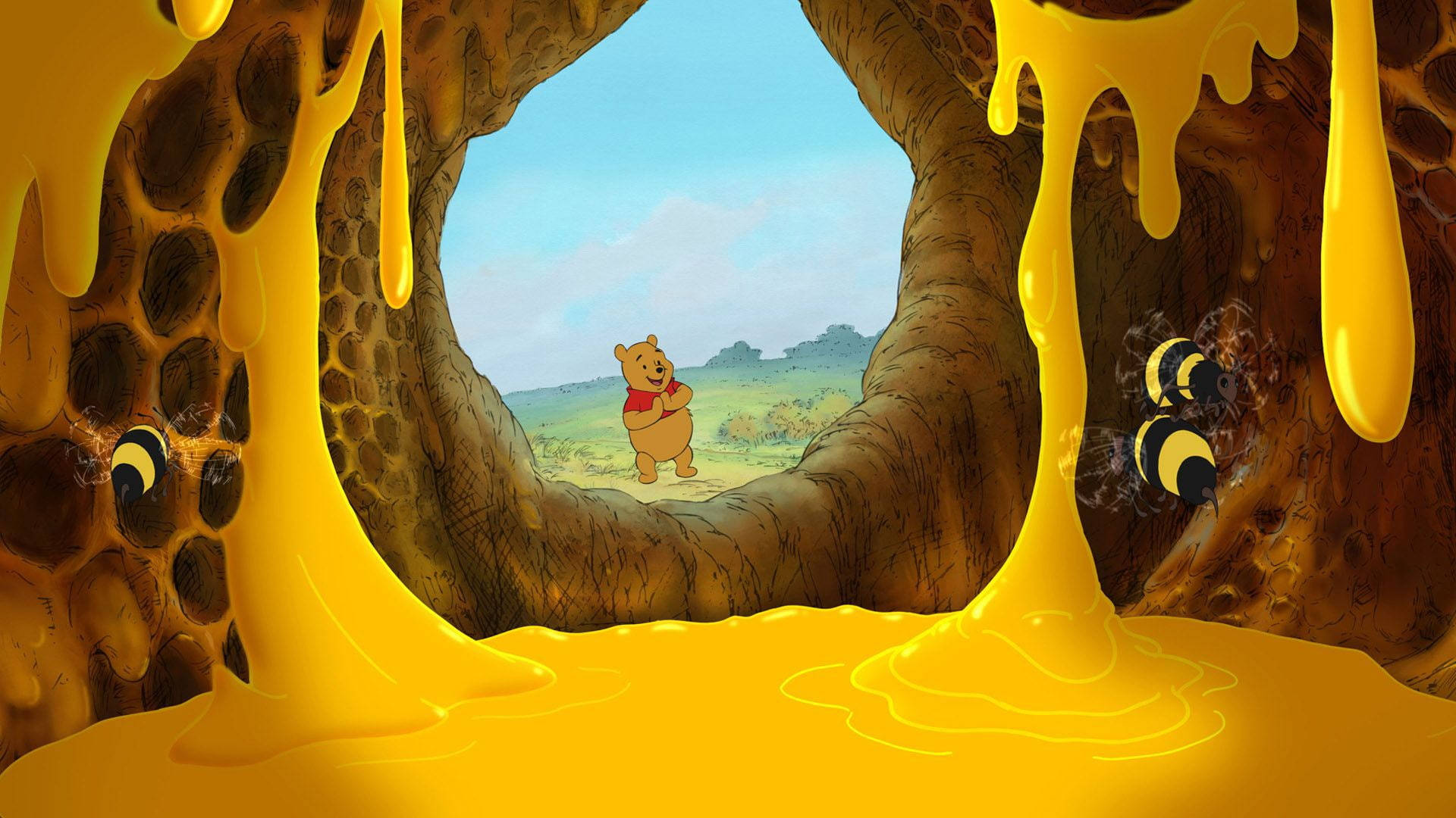 Winnie The Pooh, honeybees, honey-filled cave, Full HD Desktop Wallpaper