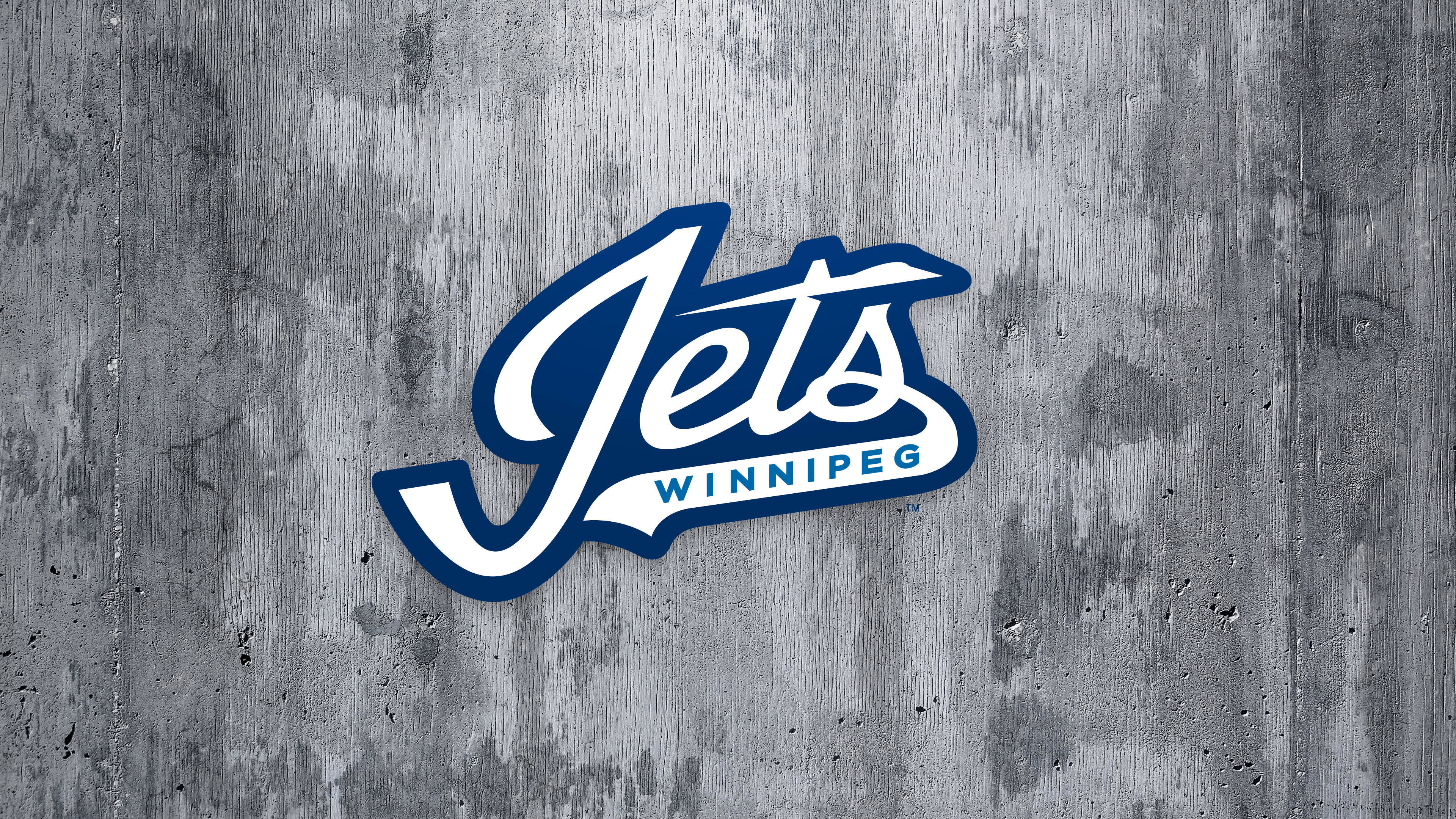 Winnipeg Jets logo, blue and white script, weathered gray concrete wall, 4K Desktop Wallpaper
