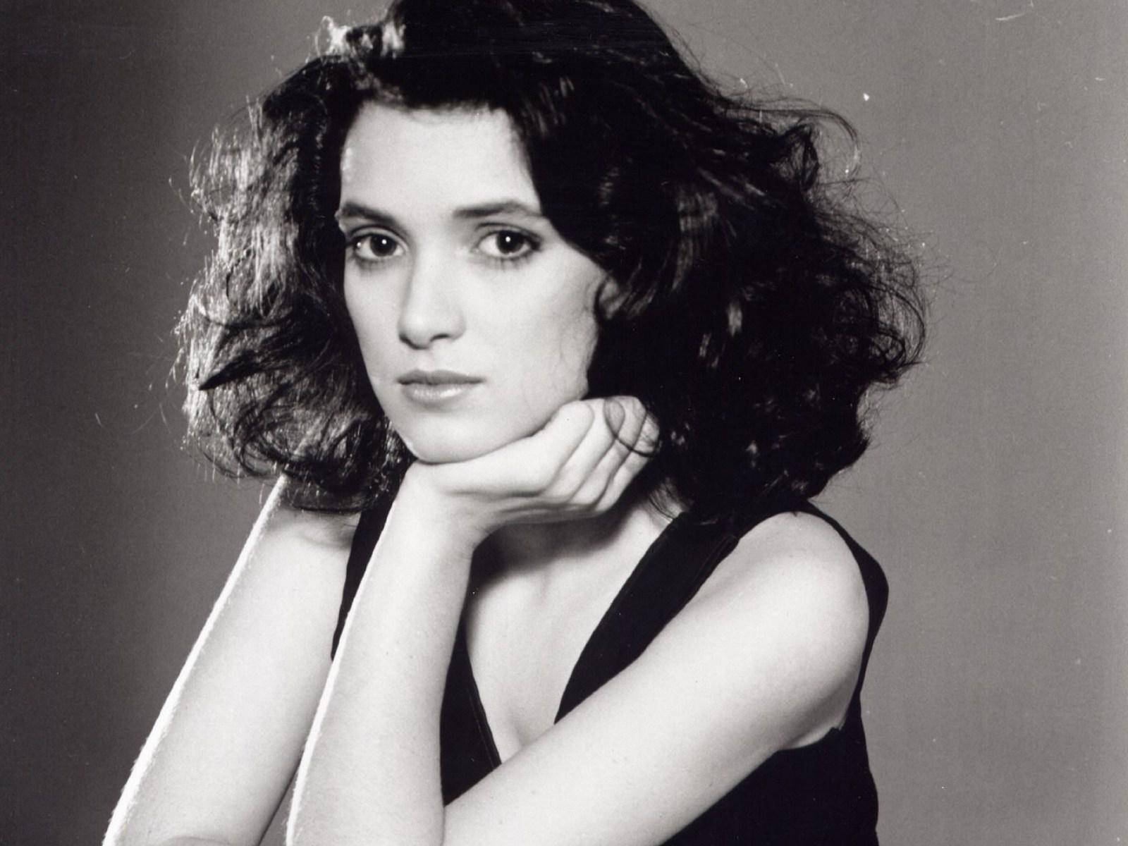 Winona Ryder, black and white portrait, curly dark hair, HD Desktop Wallpaper