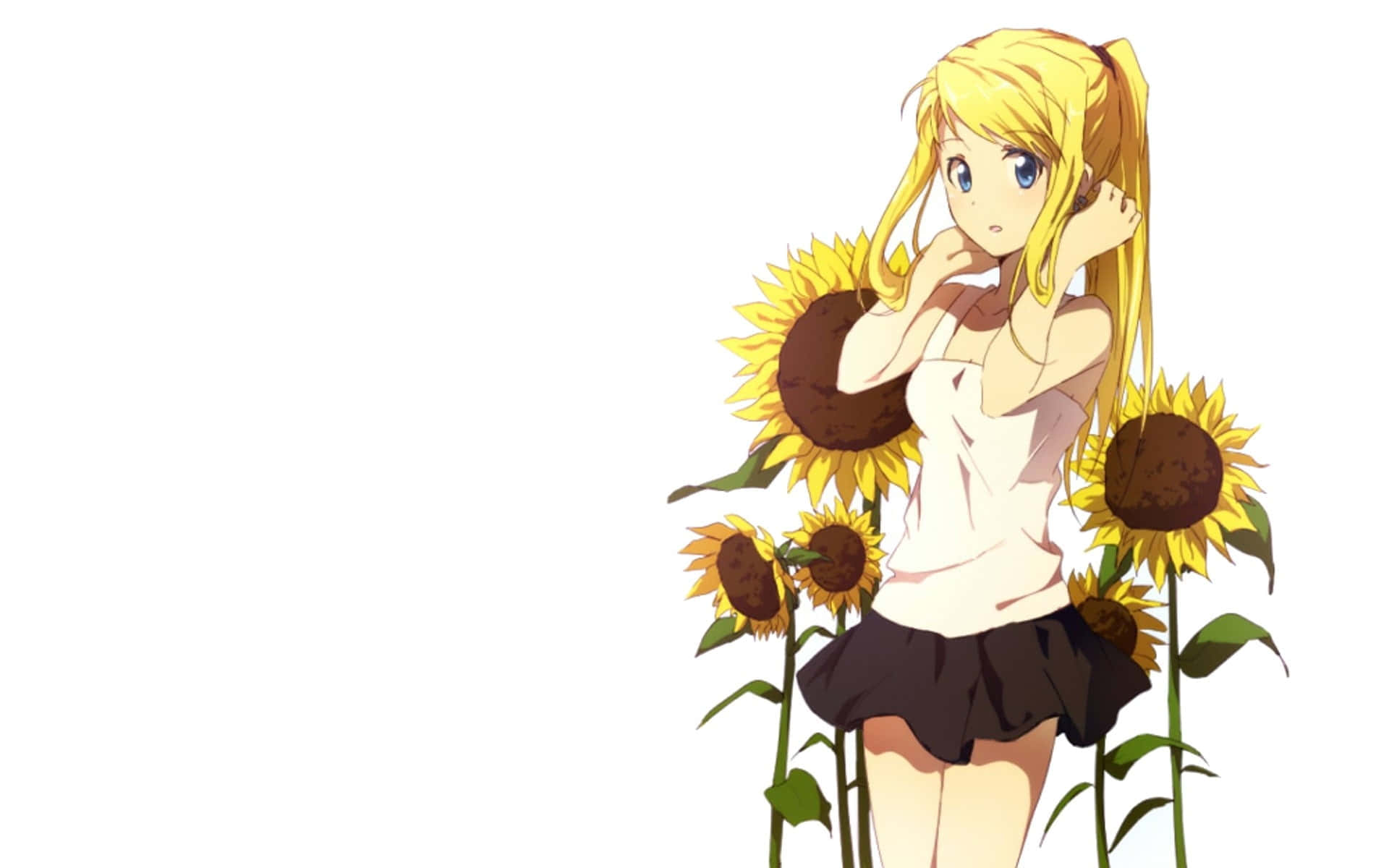 Winry Rockbell, blonde pigtails, sunflowers, Full HD Desktop Wallpaper