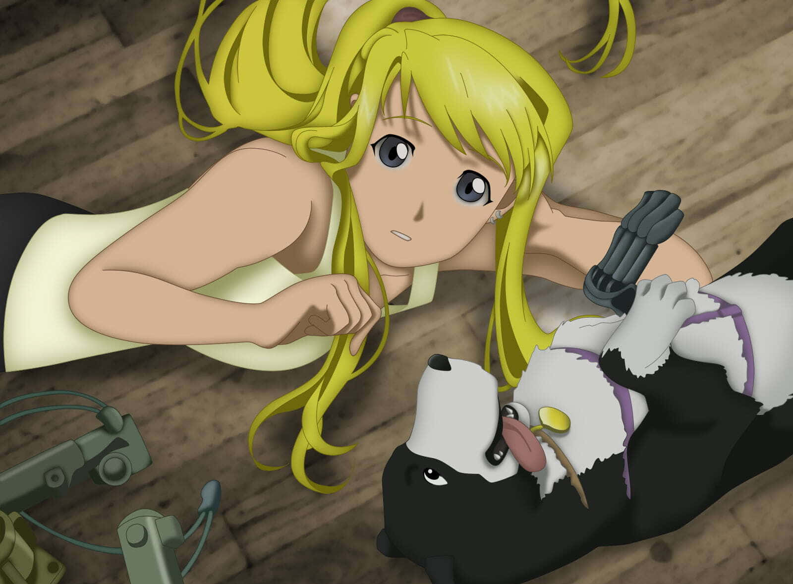 Winry Rockbell, mechanical workshop, black and white dog, HD Desktop Wallpaper
